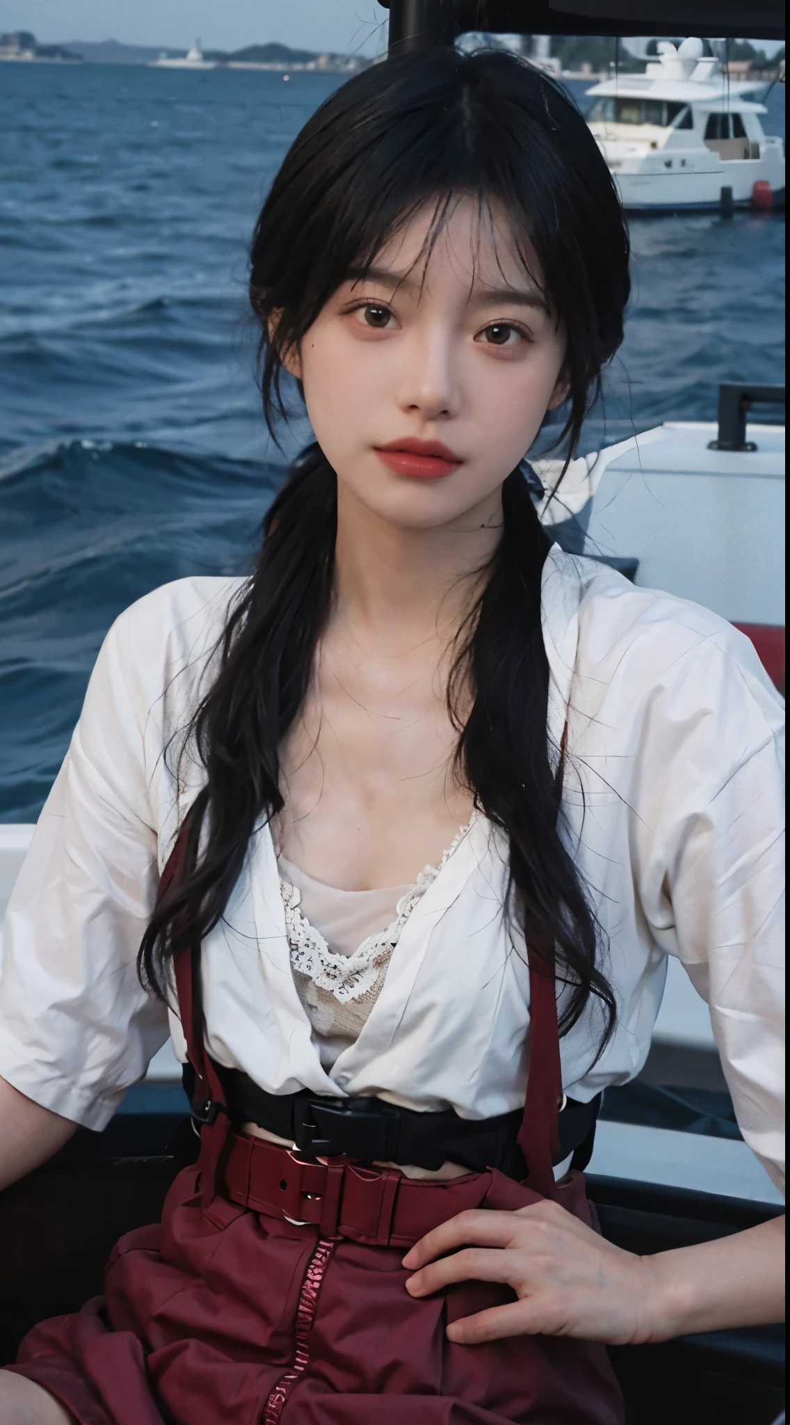 best quality，masterpiece，ultra high resolution，（realistically：1.4），1 girl，high ponytail，a pair of bright eyes，Raised sexy，Looking directly at the viewer，on the yacht，full of atmosphere，The cleavage is very attractive，，（red：1.8），（Small transparent suspender belt：1.4），（Big boobs：3.9），（upper part of body：1.4），