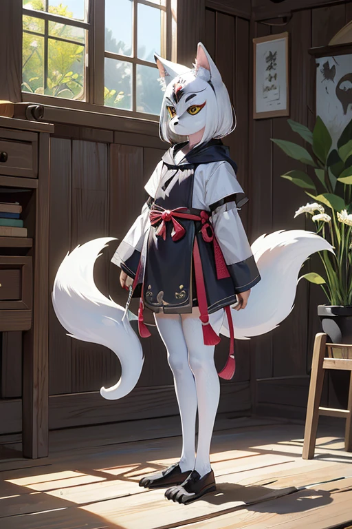 (((Animals,white monster, An illustration, ))), (fox mask, Sad face, fox head, wolf carcass, owl back wing, tail snake, four legs), Standing picture