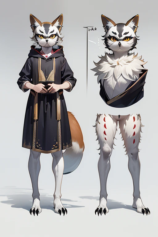 (((Animals,white monster, An illustration, ))), (fox mask, Sad face, fox head, wolf carcass, owl back wing, tail snake, four legs), Standing picture