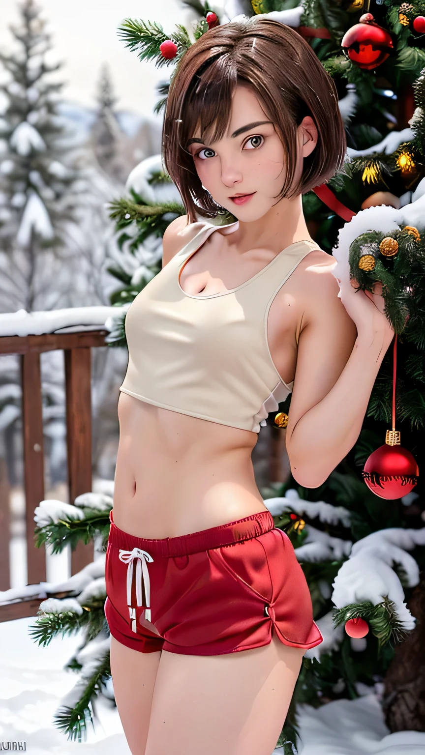 (((professional: step by step, taking into account even the smallest detail, final result God Level, all body with intricate details, solo 1girls, cowboy shot, imagen: all intricate details, master piece))): "black hair, scarlet red eyes, short hair, medium breast, megumin looks up with an expression of much joy, ((Santa Claus: "shorts, tank top")), 1girl 18 years old , red eyes brown hair short hair with long strand, She is very daring and sensual and innocent, she is always in daring sexual positions, Random view, snow and pine outside with Christmas decorations in the background, 90% nude, boy fucking a girl, very sexy, very hard sex, uncensored, nsfw"