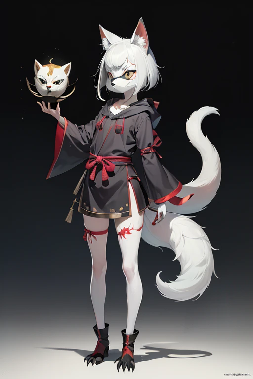 (((Animals,white monster, An illustration, ))), (fox mask, Sad face, fox head, wolf carcass, owl back wing, tail snake, four legs), Standing picture