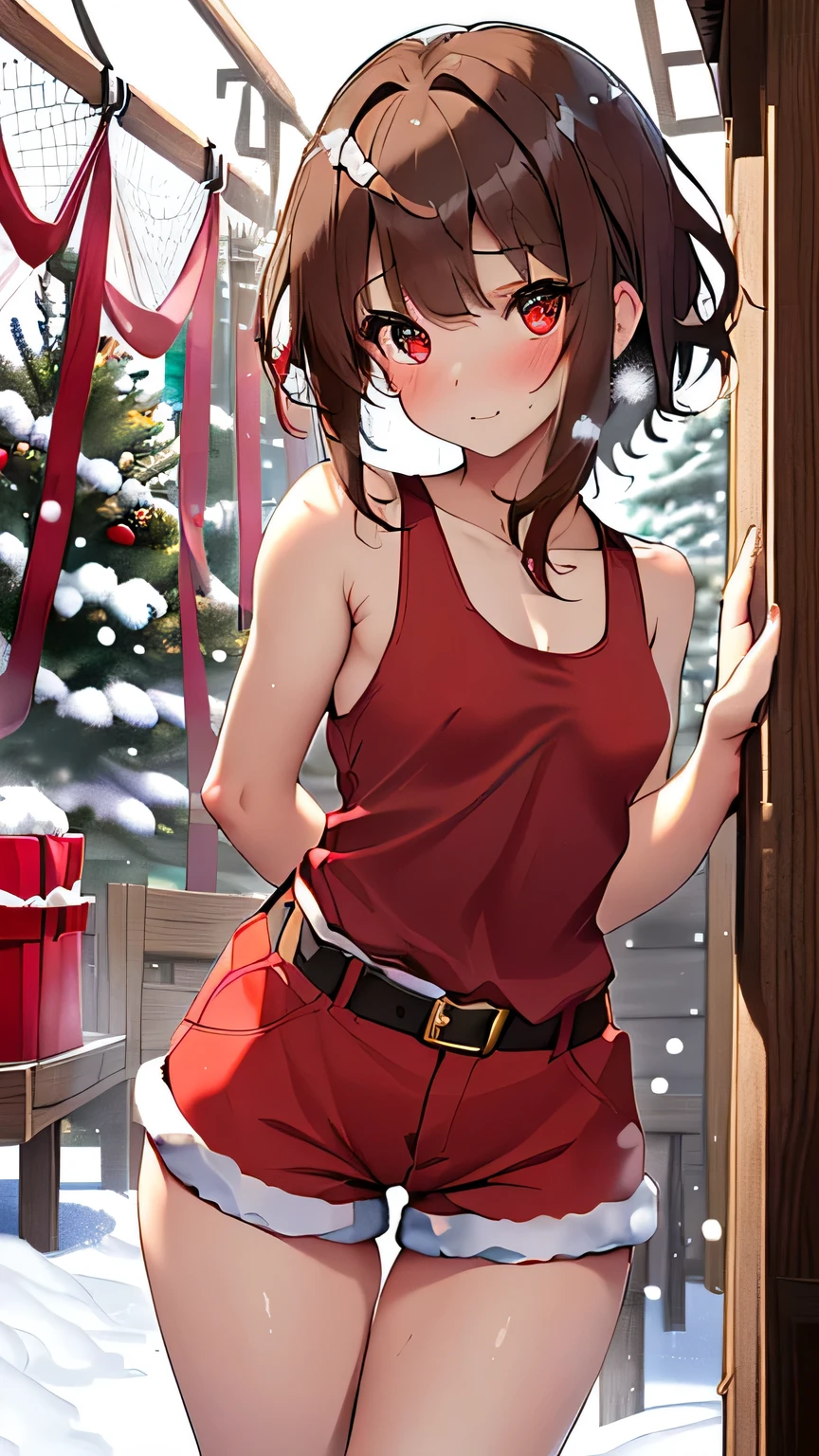 (((professional: step by step, taking into account even the smallest detail, final result God Level, all body with intricate details, solo 1girls, cowboy shot, imagen: all intricate details, master piece))): "black hair, scarlet red eyes, short hair, medium breast, megumin looks up with an expression of much joy, ((Santa Claus: "shorts, tank top")), 1girl 18 years old , red eyes brown hair short hair with long strand, She is very daring and sensual and innocent, she is always in daring sexual positions, Random view, snow and pine outside with Christmas decorations in the background, very sexy, hard sex, 85% nude, boy fuck a girl, uncensored, nsfw"