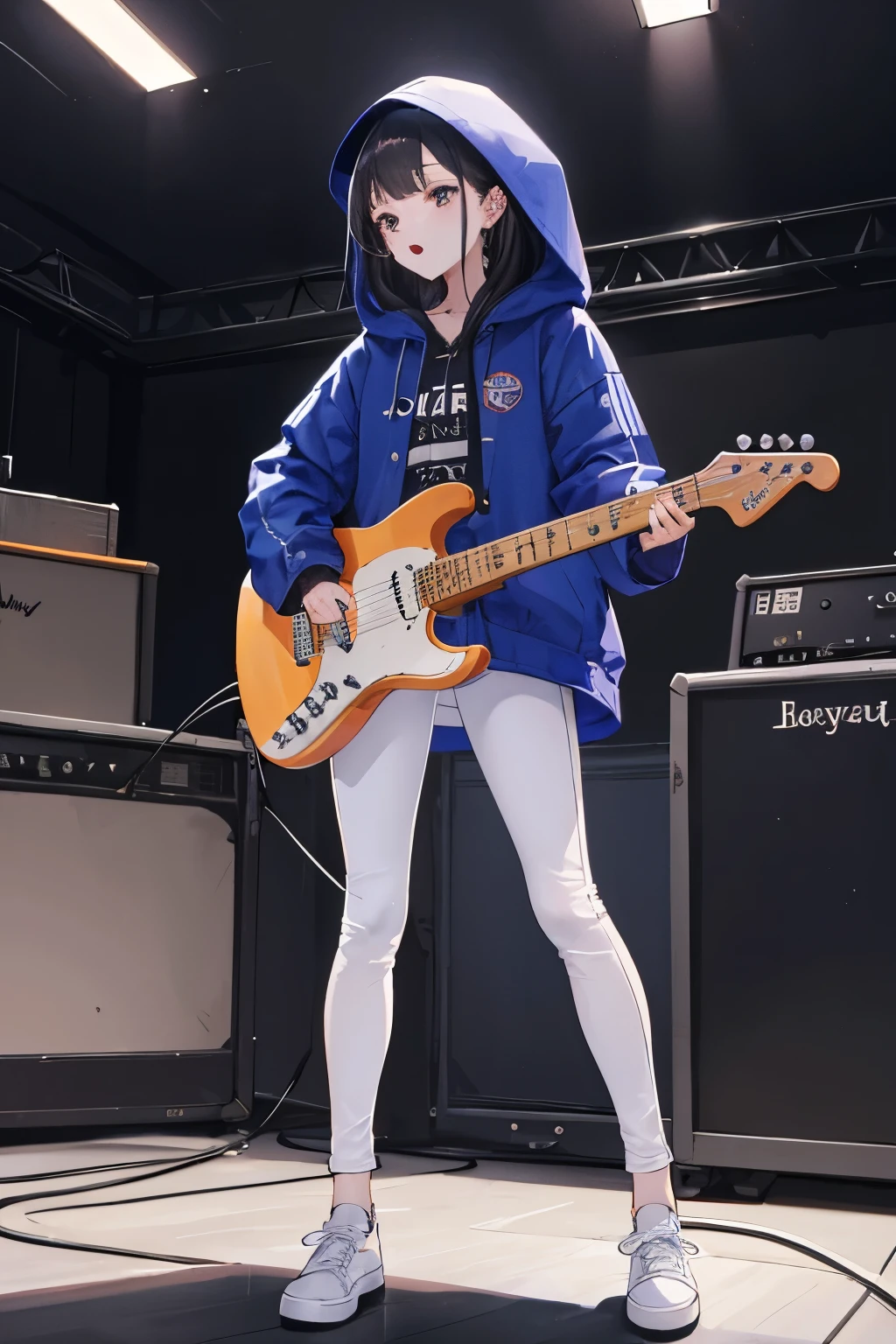 ((best quality)), ((masterpiece)), (detailed), perfect face,wear white shoes,Blue Half-Length Skinny Jeans,girl in hooded coat,She plays the electric guitar and sings into the microphone in the club room,Very devoted。standing,Passion,black hair,long hair