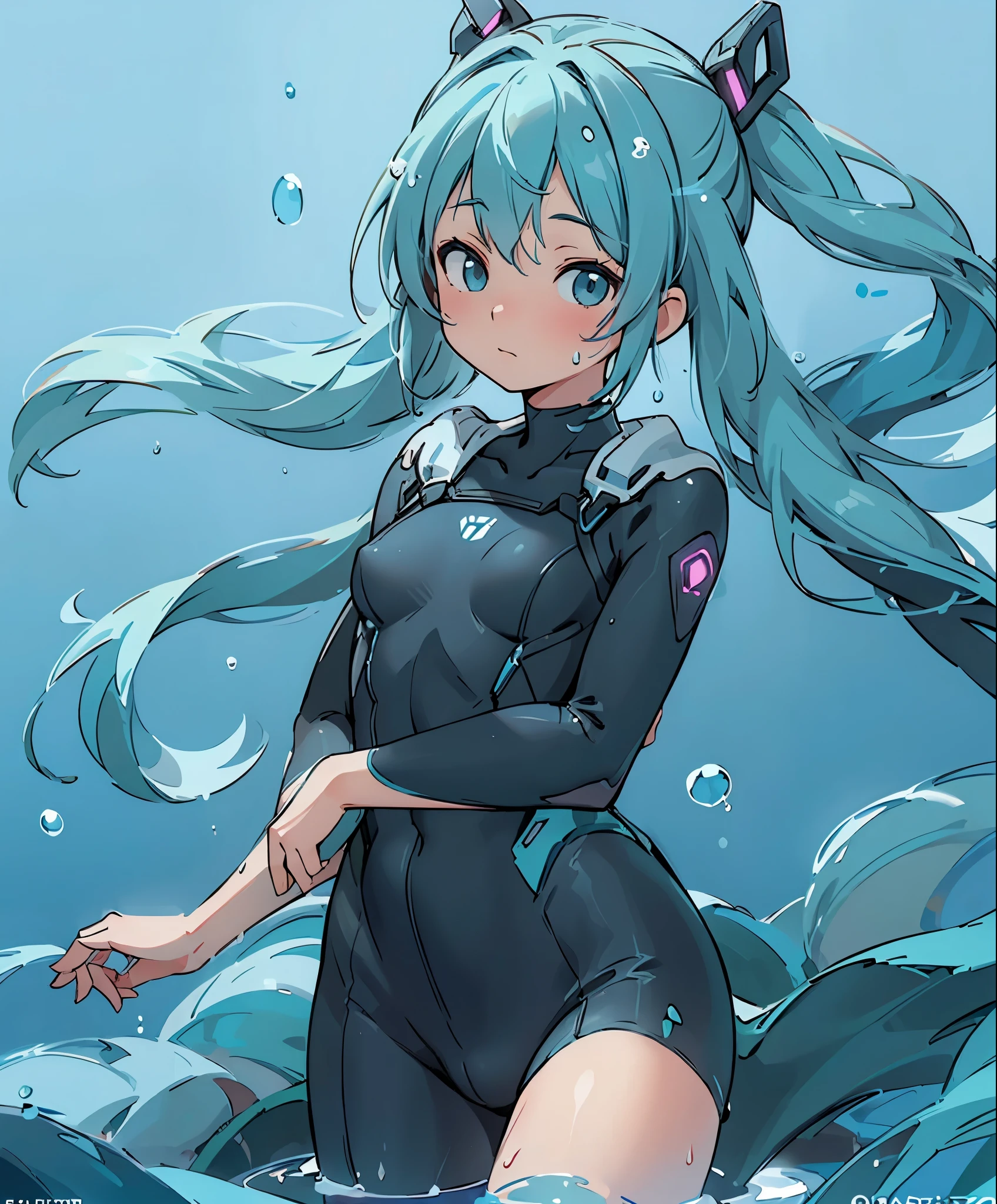 (masterpiece、highest quality、highest quality、official art、beautiful beautiful:1.2)、(1 girl:1.3)Hatsune Miku、twin tails,big breasts,Anime girl in a blue wetsuit posing in the water with her hands on her head, 8K high quality detailed art, Close-up fantasy using water magic, Glossy skin that looks wet!!, asian female water spirit, 3d rendering character art 8k, DeviantArt Artstation CGScosiety, beautiful female warframe, ultra precision water, Character is covered in liquid