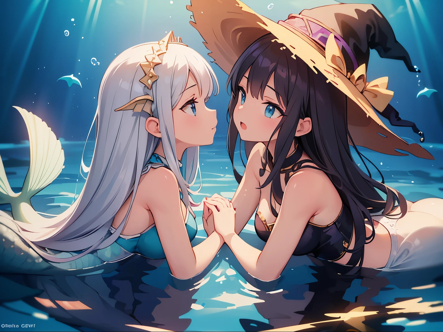 masterpiece, best quality, extremely detailed, anime, Two women, a witch, wearing wizard's hats, a mermaid, the lower half of her body is a fish, underwater, looking at each other,