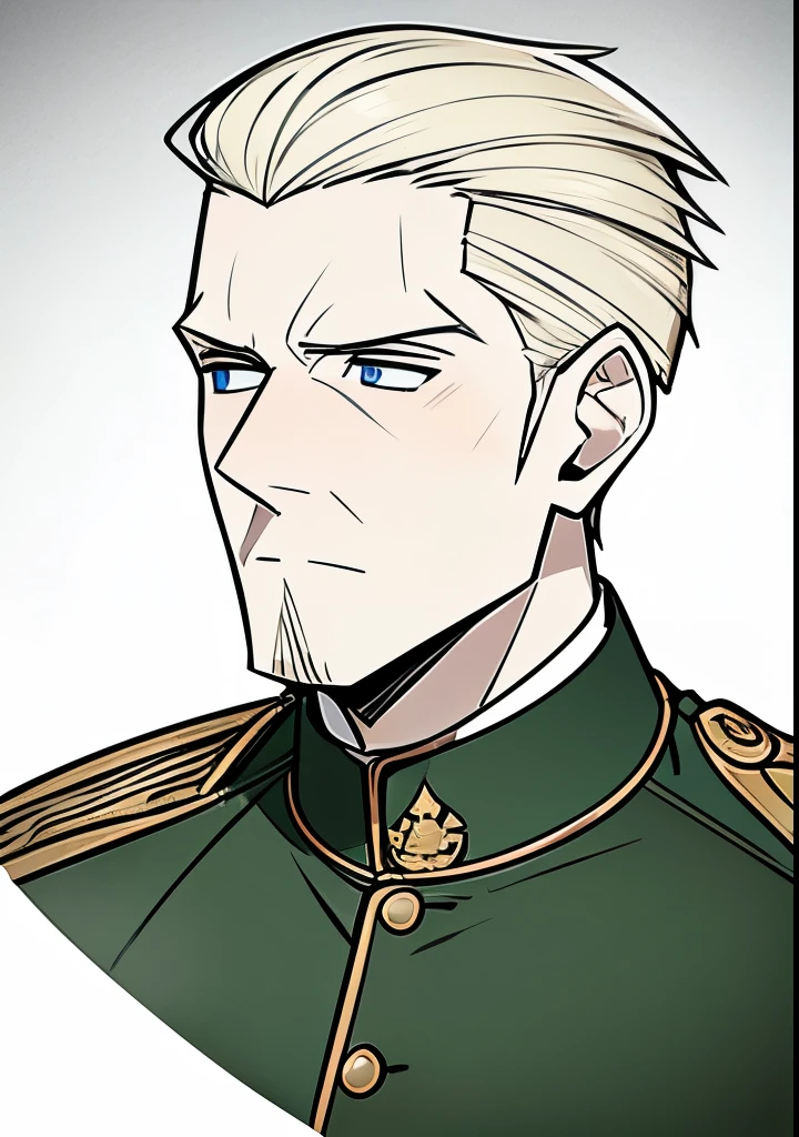 Young Adult male, white and tender skin, pale blonde slicked back combed short hair, kaisermustache, ducktail beard, steel blue eyes, green and slightly mature, serious and emotionless facial expression,wearing world war 2 era german fatigues, portrait style, facing forwards