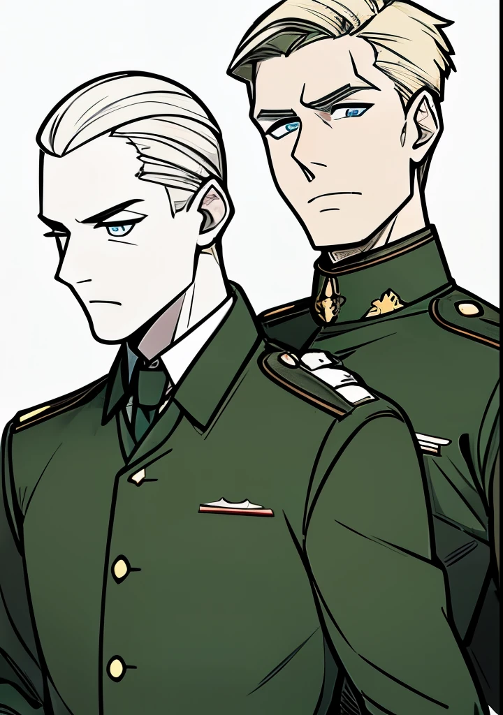 Young Adult male, white and tender skin, pale blonde slicked back combed short hair, kaisermustache, ducktail beard, steel blue eyes, green and slightly mature, serious and emotionless facial expression,wearing world war 2 era german fatigues, portrait style, facing forwards