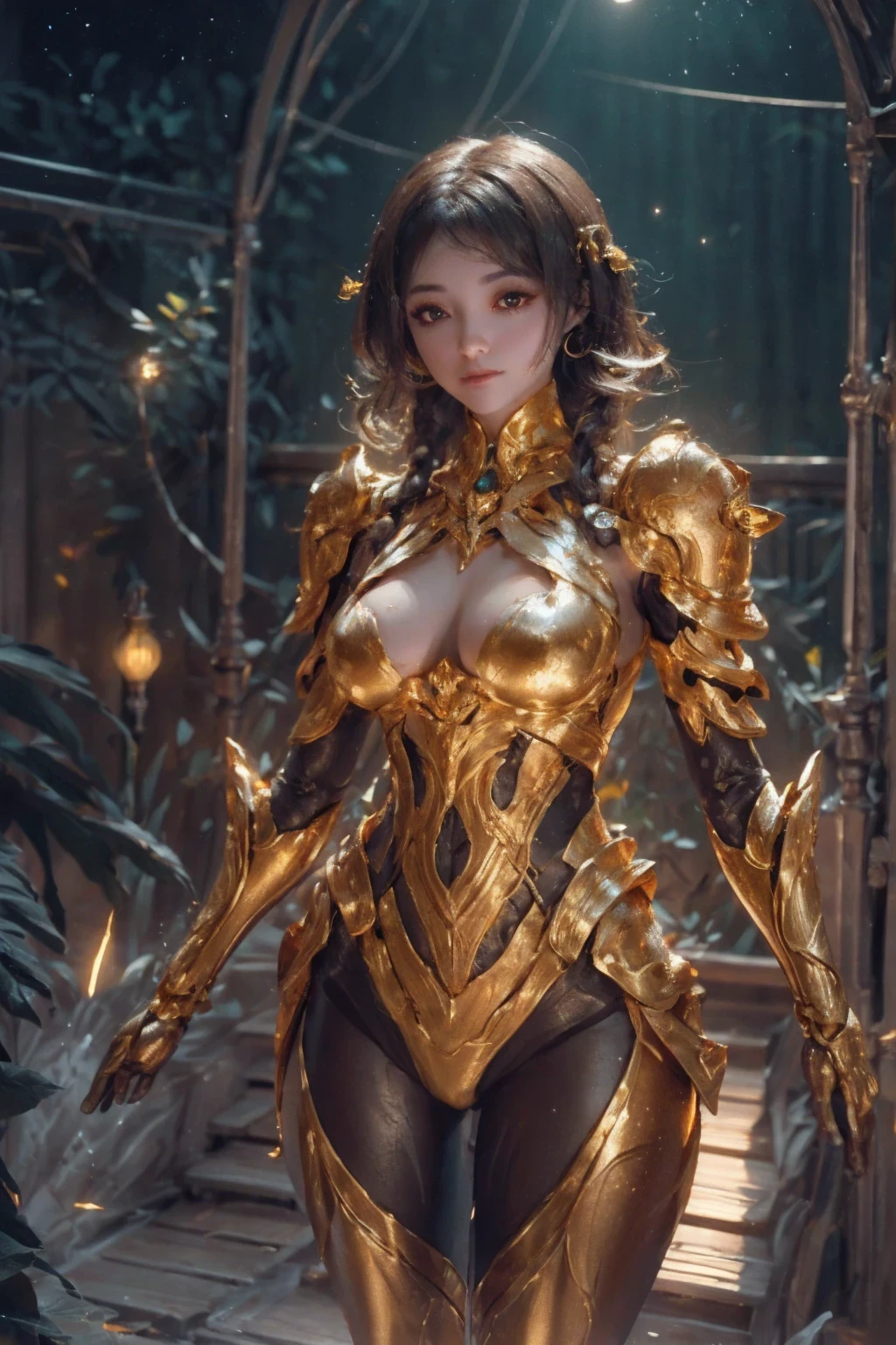 Green Slime AI,Super high saturation,(masterpiece), full-body shot,(best quality), (1 girl), starry sky background,Wearing shining golden armor, Sexy lingerie type armor,show your breasts,Expose the waistline,Showing thighs,cool pose, Saint Seiya Armor, messy hair,high detail, anime style, movie lighting, spark, divine light, Ray tracing, film grain, ultra high definition, textured skin, Ultra-detailed, anatomically correct, high resolution,Super high saturation,high contrast,High-gloss armor,smooth skin,serious expression,darkroom,