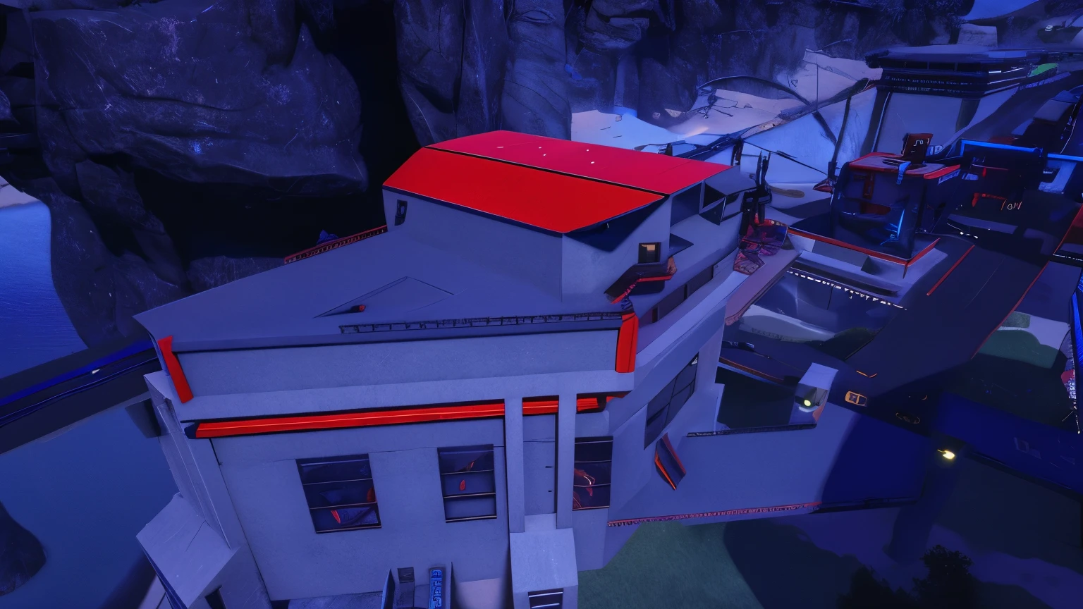 there is a small building with a red roof on a hill, dojo on a mountain, overwatch building, mining outpost, mirrors edge art style, style of mirror\'s edge, red building, cliffside town, mirror's edge, research outpost, futuristic outpost building, mirror's edge in russia, mirrors edge, video game screenshot>, tf 2 maps. net