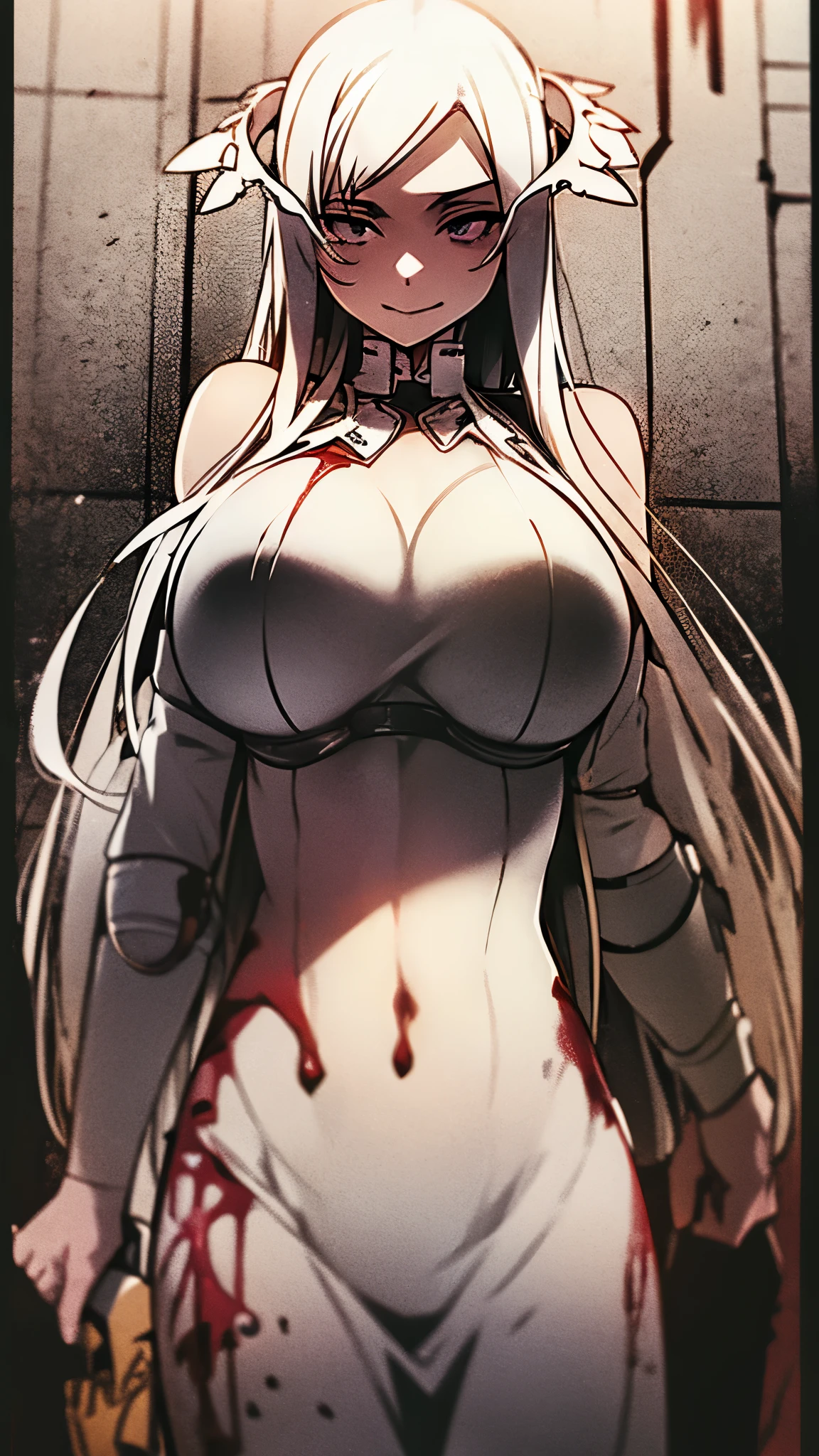 ((masterpiece)), ((best quality)), ((grotesque and splatter)), beautiful girl, curvy, tall, exposed belly, belly button, big breasts, femdom, slaughter, bloody white dress, Blood on the body, Bloody, Blood on the belly button, Blood on the belly, Blood on the breasts, tall, bloody knife, bloody sword, bloody belly, war, fight, kill, Behead, shot from below, POV from fallen enemies, sensual, Blood on the breasts, smile, spattered by much blood, having a big bloody sword, reflecting blood on the whole body, looking down on me, massaging breasts, getting excited sexially, kill everyone, blood splatter, cruel, background with battlefield, cut off head of man, holding a severed head