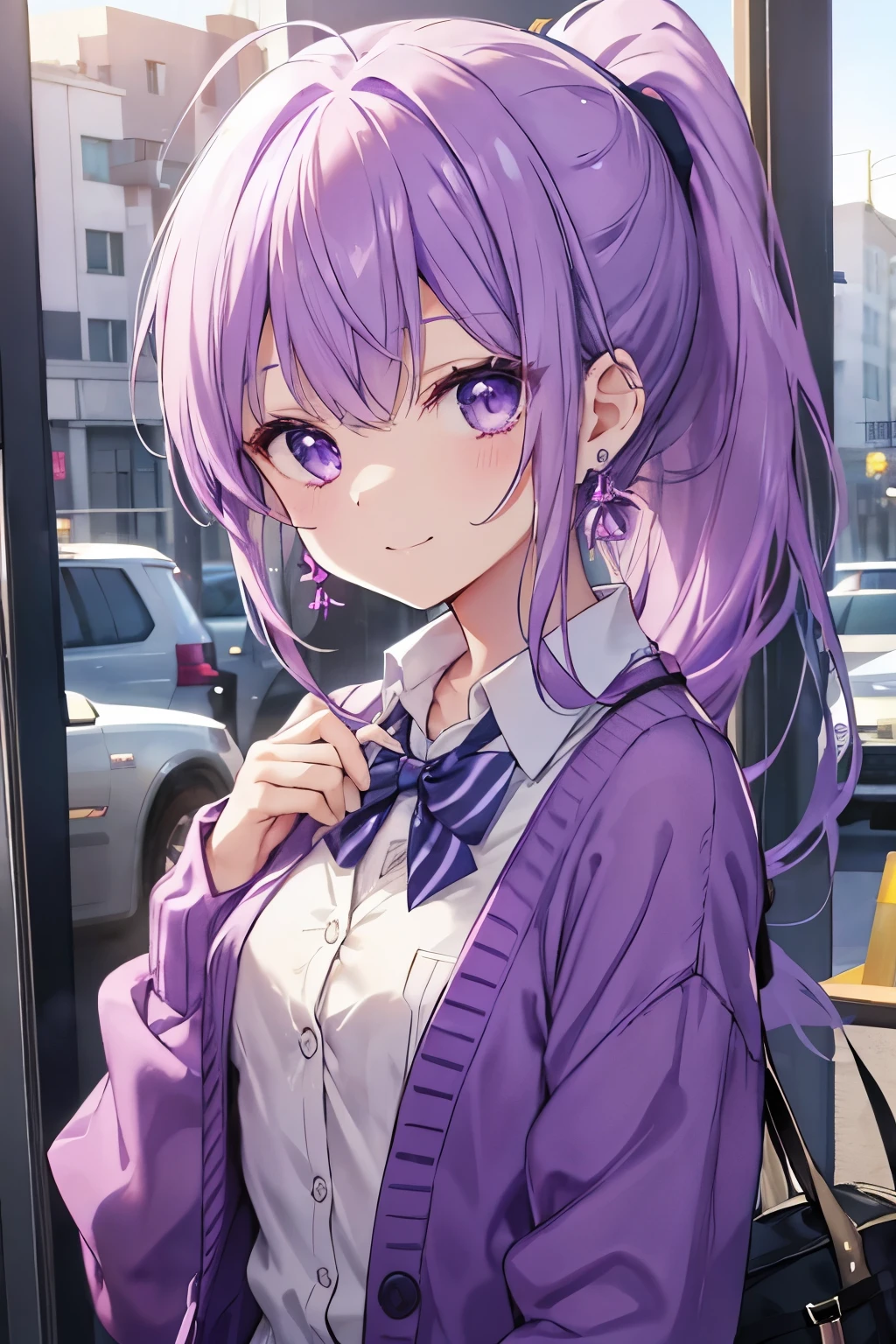 purple hair purple eyes、 girl、small breasts、ponytail、smile、gal girl、wearing cute earrings、uniform、knit cardigan、With highlights around the eyes、cute hairpin、I can see the whole body、go to school in the morning、Going to school in town