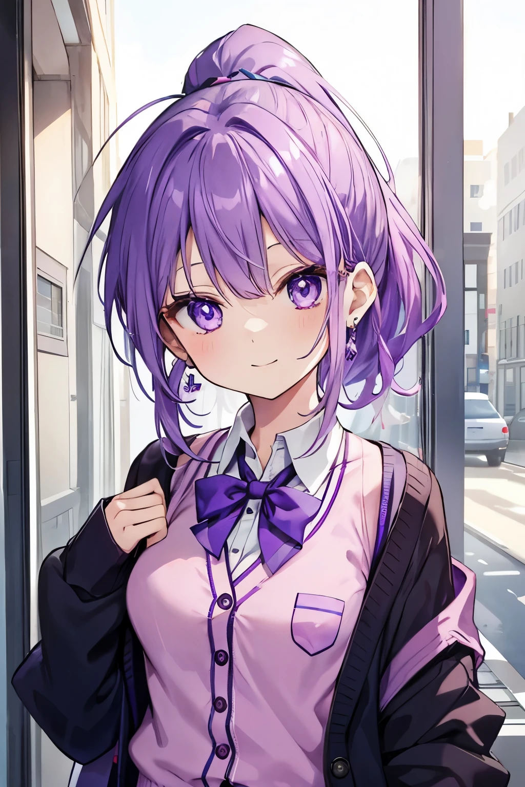 purple hair purple eyes、 girl、small breasts、ponytail、smile、gal girl、wearing cute earrings、uniform、knit cardigan、With highlights around the eyes、cute hairpin、I can see the whole body、go to school in the morning、Going to school in town