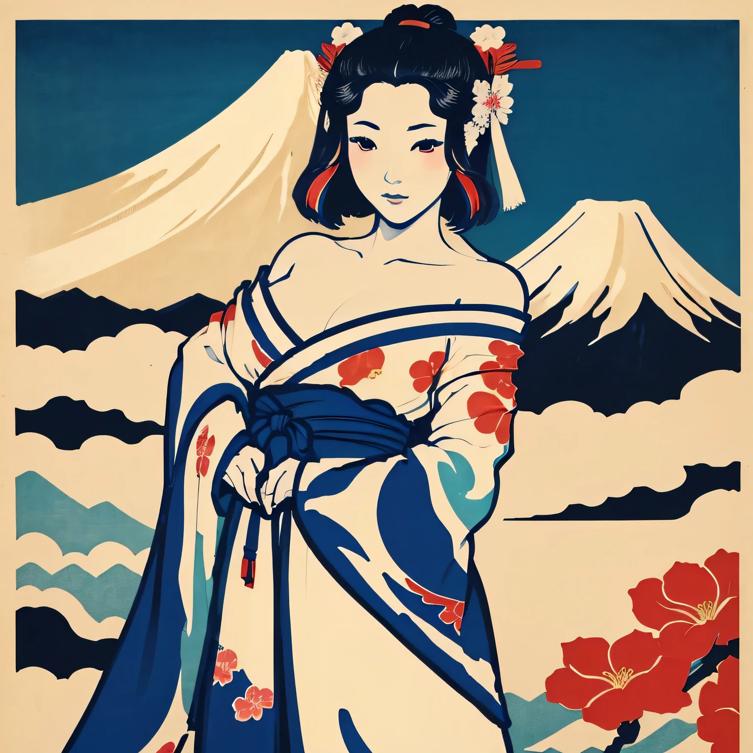 Art vintage japonais, Conception de t-shirts, art vectoriel, plat d&#39;art:1,4. \\ (japonaise, en kimono, best quality, Art officiel, Beaucoup de couleurs, couleurs du japon, ukiyo-e, mont fuji fleuri, bare shoulders, belles formes,: 1.2)