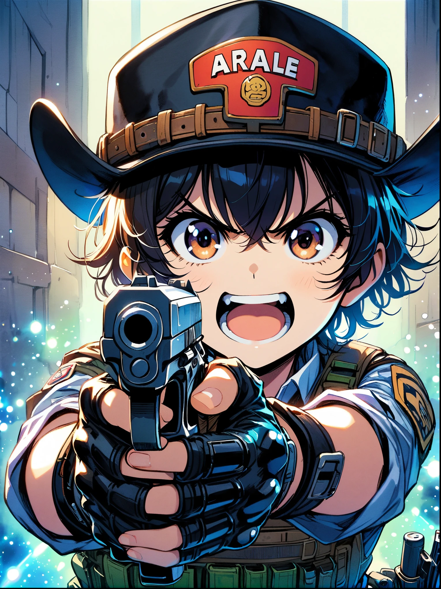 Arale Comics,Senbei Norimaki,single hand pistol,aim at you,emit laser