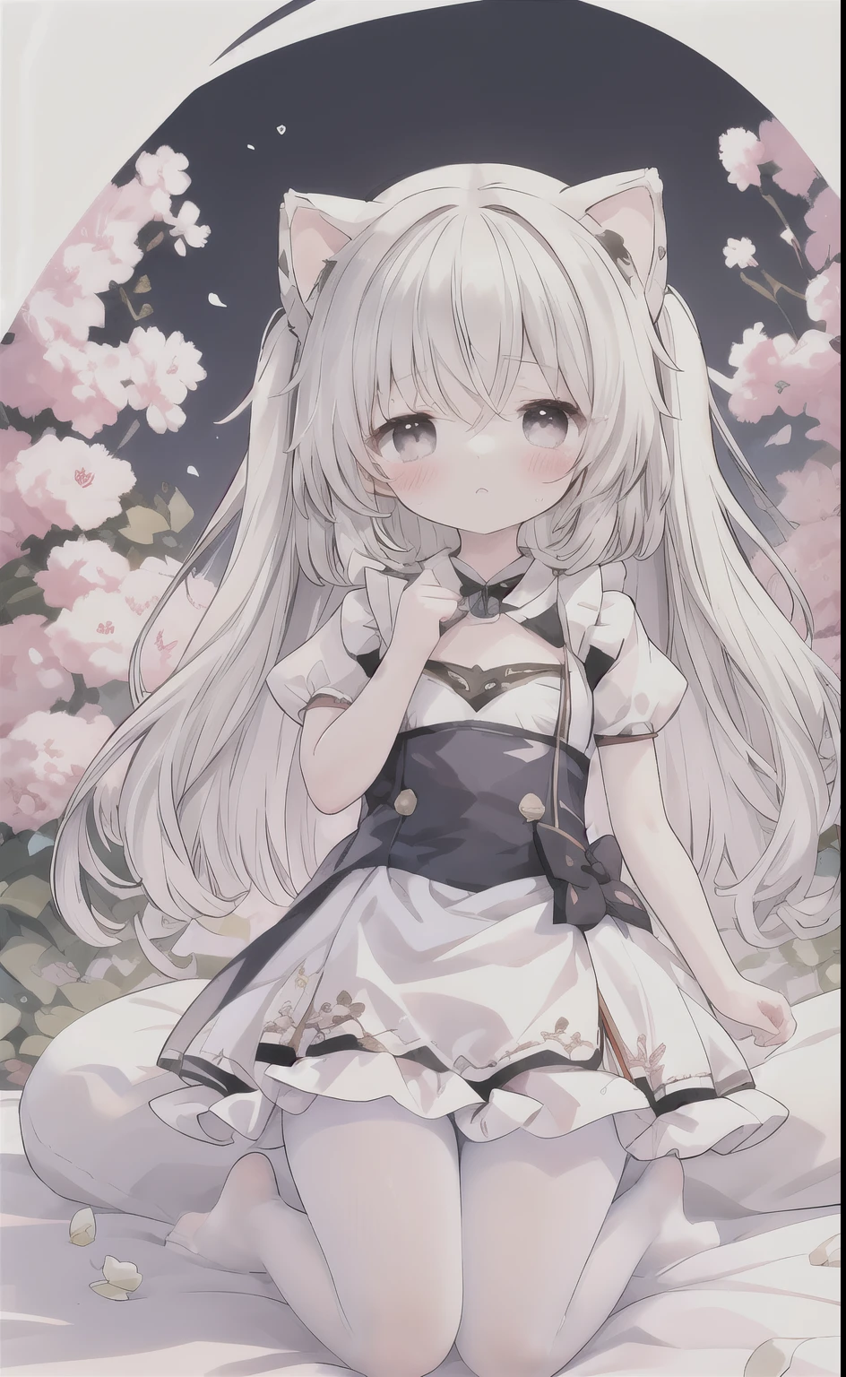 (8k, masterpiece, best quality, ultra-detailed, an extremely delicate and beautiful, official style, depth of field, highly detailed, very aesthetic, intricate, overall detail, perfect anatomy), outdoors, on grass, flower, on stomach, BREAK 1girl, solo, gray hair, long hair, closed eyes, smile, happy, faint lips, open mouth, skin fangs, rabbit girl, (droopy ears, lop-ears, fluffy:1.2), rabbit tail, (white dress, frill, long sleeves:1.2)