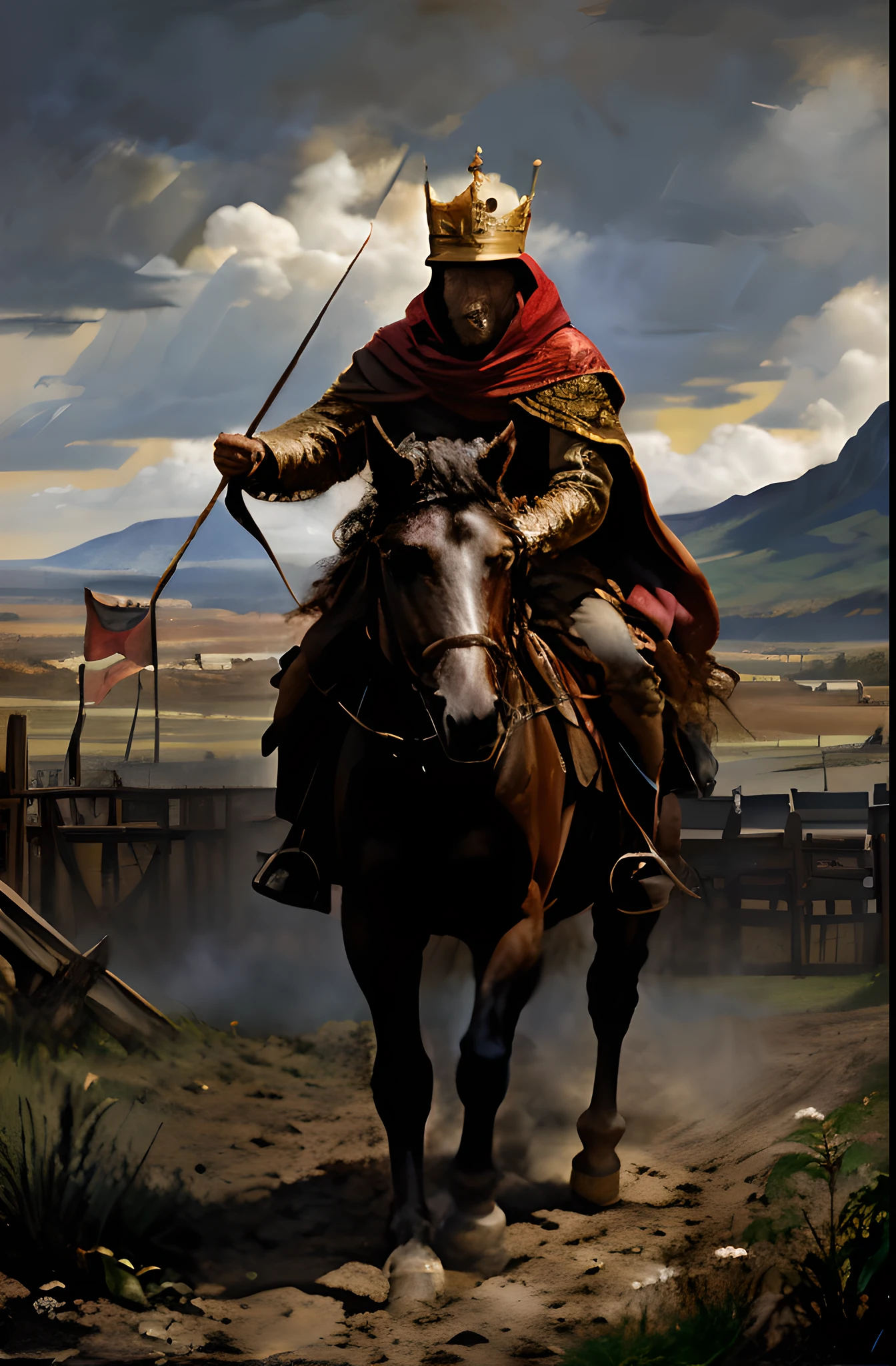 (((Full length man riding a horse 3,0))), ((with a crown on his head)), (covered with a red cloak2,0), jumping across the field, portrait of the emperor of mankind, the god emperor of mankind, oil painting, rough strong blows, ((oil paint1,7)), Vladimir Novak, The Medieval Old King, author Roman Bezpalkiv, Slavic mythology, Liviuš Gyulaj, Hristofor Zhefarovich