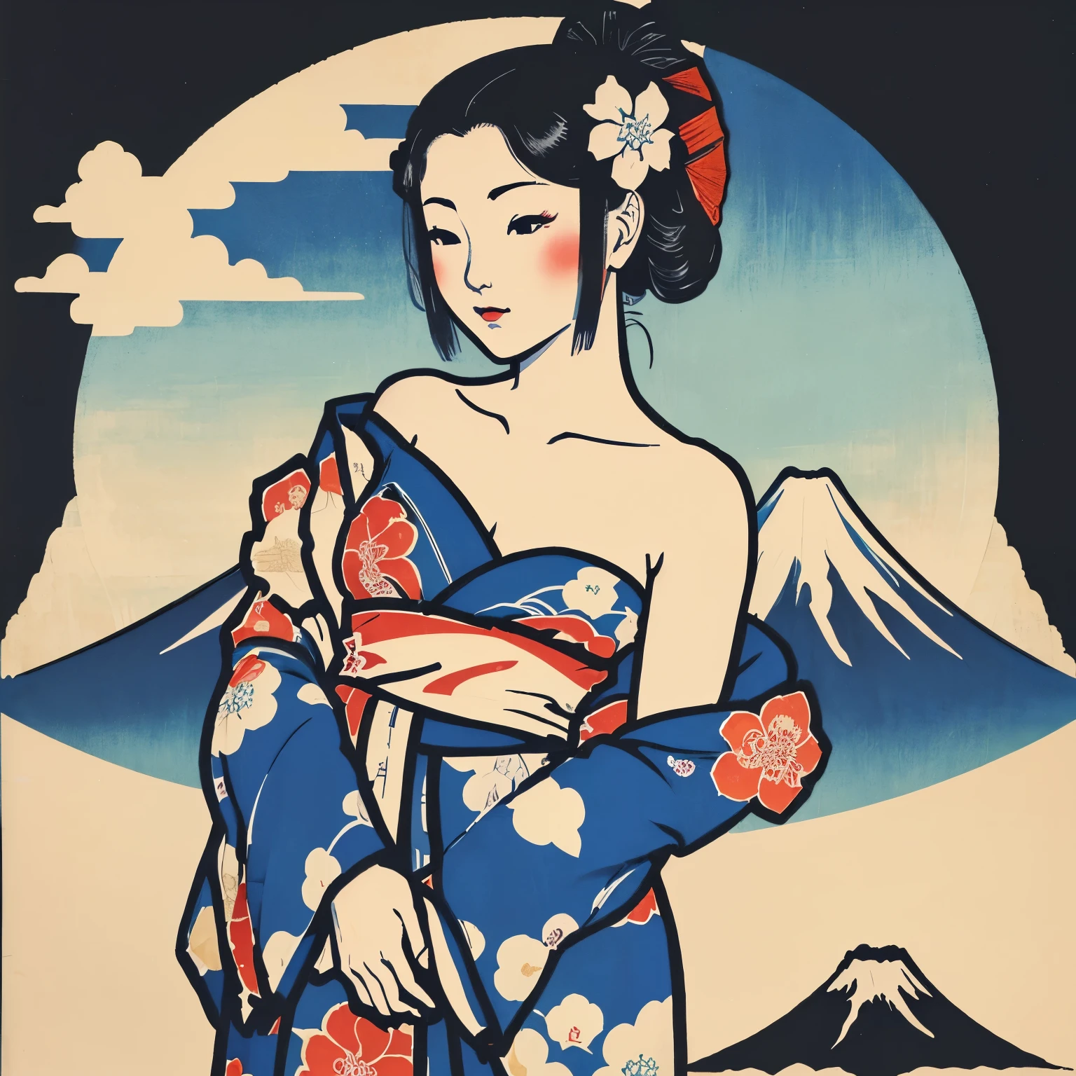 Art vintage japonais, Conception de t-shirts, art vectoriel, art plat:1,4. \\ (japonaise, en kimono, best quality, Art officiel, Beaucoup de couleurs, couleurs du japon, ukiyo-e, mont fuji fleuri, bare shoulders, belles formes,: 1.2)