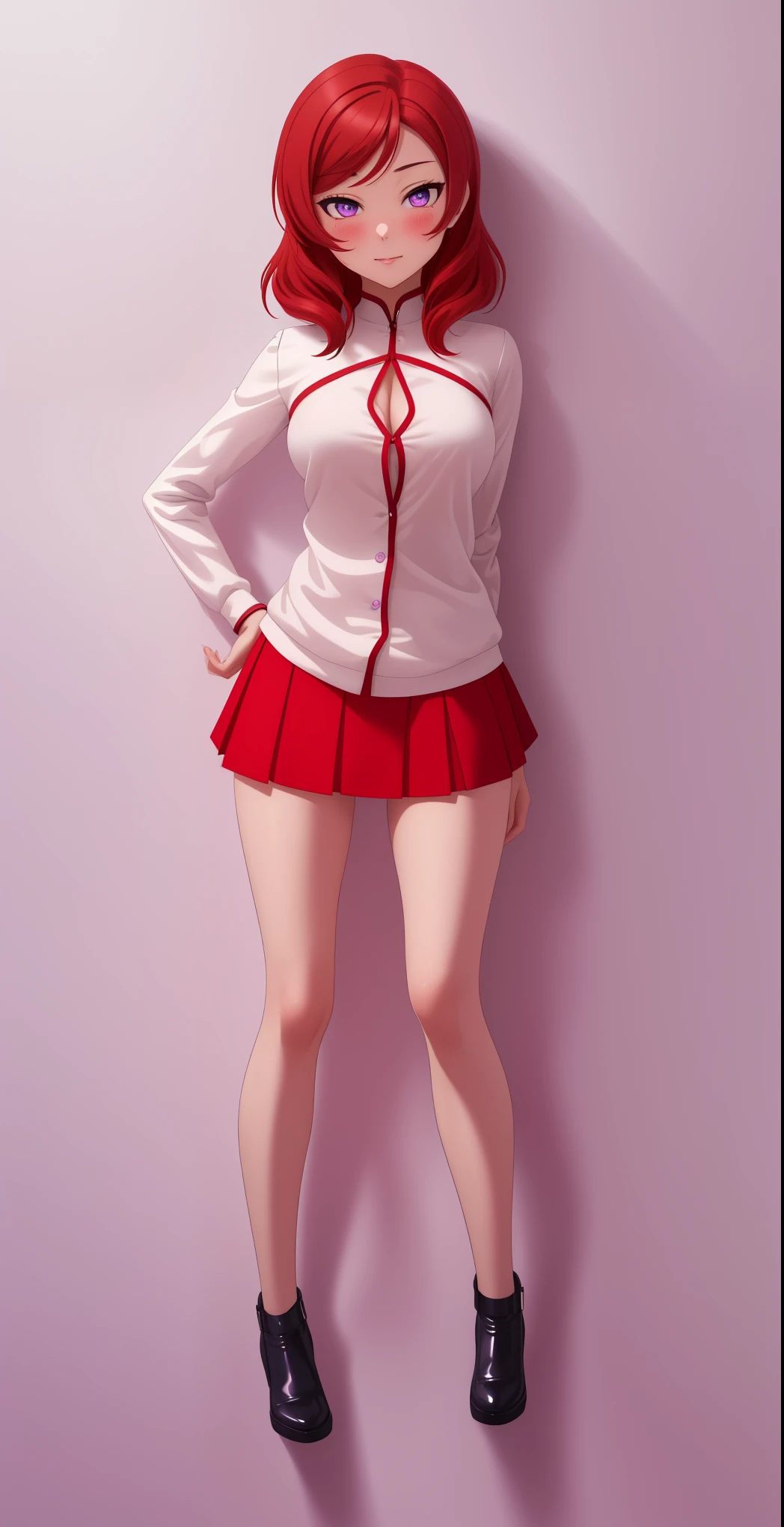 (Masterpiece, Best Quality, High Quality), facing viewer,illustration, beautiful, tight , Blushing, looking at viewer, ,mini skirt,thighs,solo, posing for picture, seductive, simple white background, nishikino maki, purple eyes,red hair