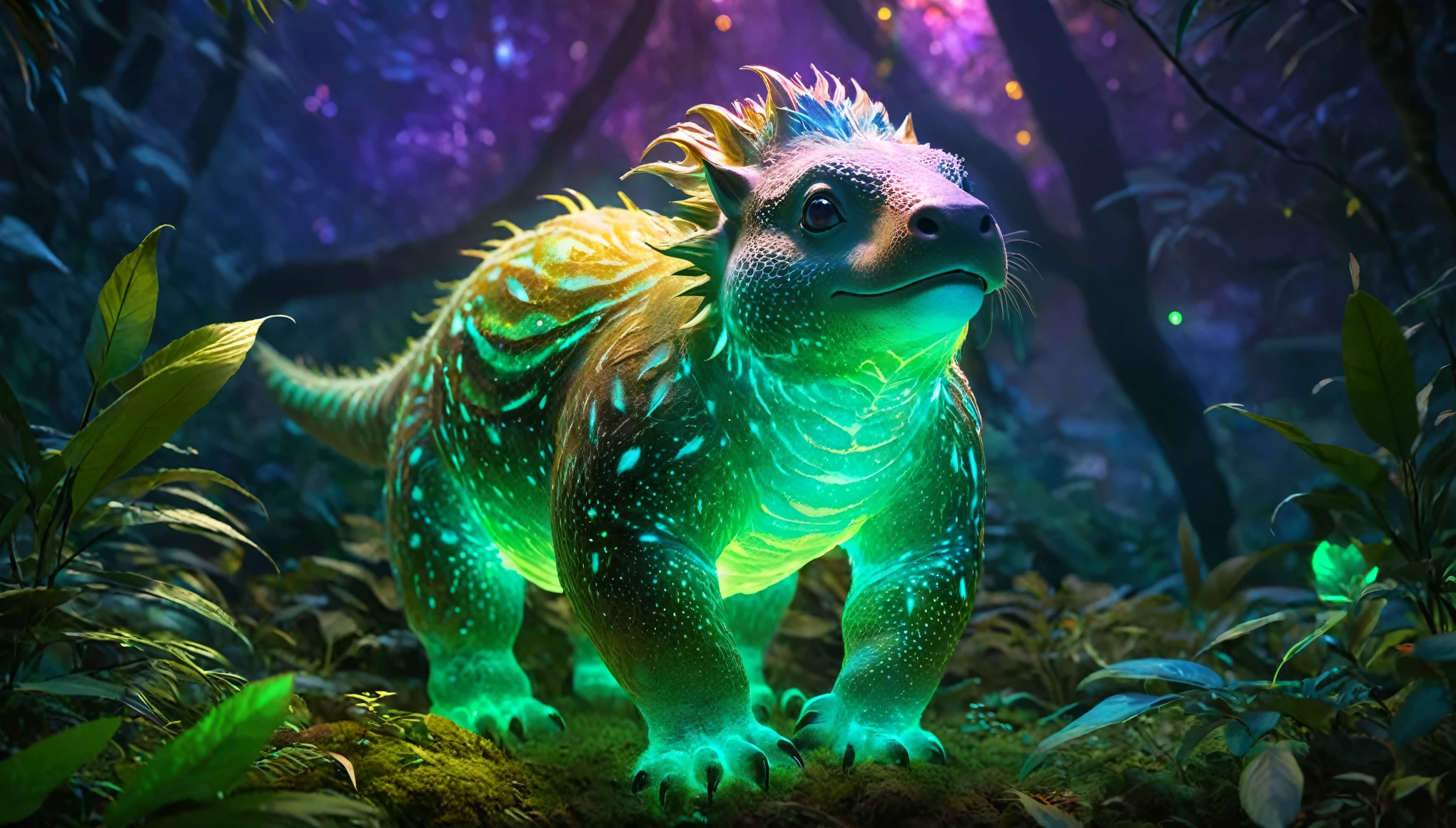((a giant glowing creature)),(Bio-luminescence),irridescent,Out of this world,aethereal,uv,semi transparent,wild animals,naturey,mistic,big breasts beautiful,ambiente dark,magical,creature design,A high resolution,8k,ultra - detailed,lamplight、Physical rendering、vibrant with colorackground bokeh、portrait、Multi-color tones、softlighting、Pulsating light