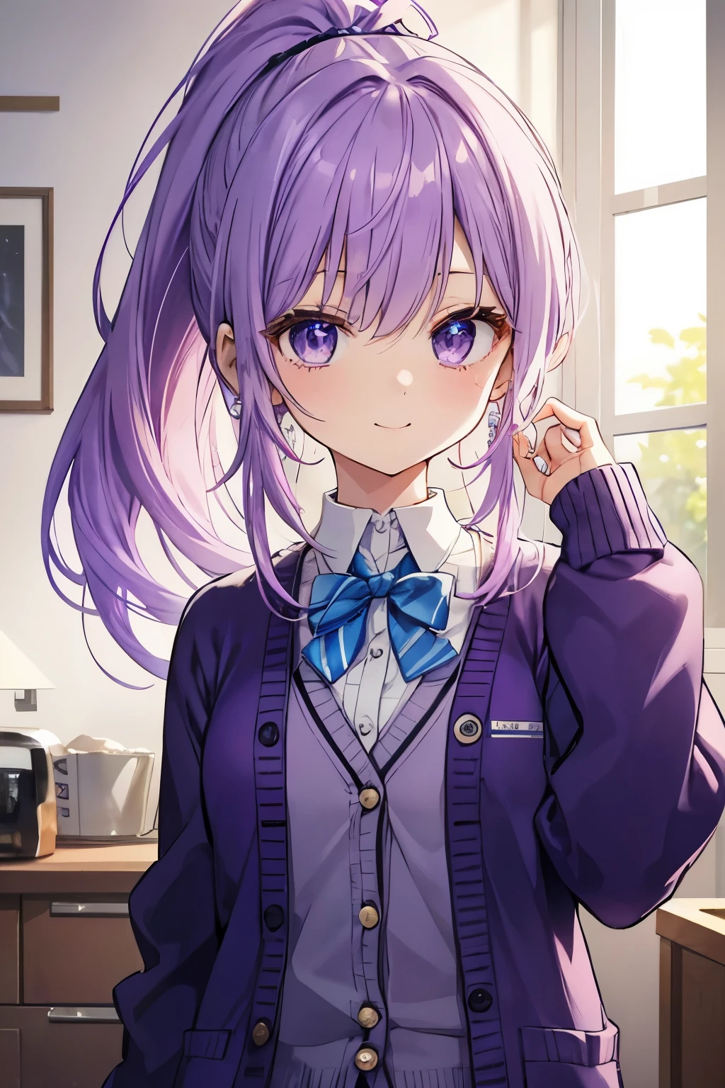 purple hair purple eyes、 girl、small breasts、ponytail、smile、gal girl、wearing cute earrings、uniform、knit cardigan、With highlights around the eyes、cute hairpin、I can see the whole body、A childhood friend who came to wake me up in the morning