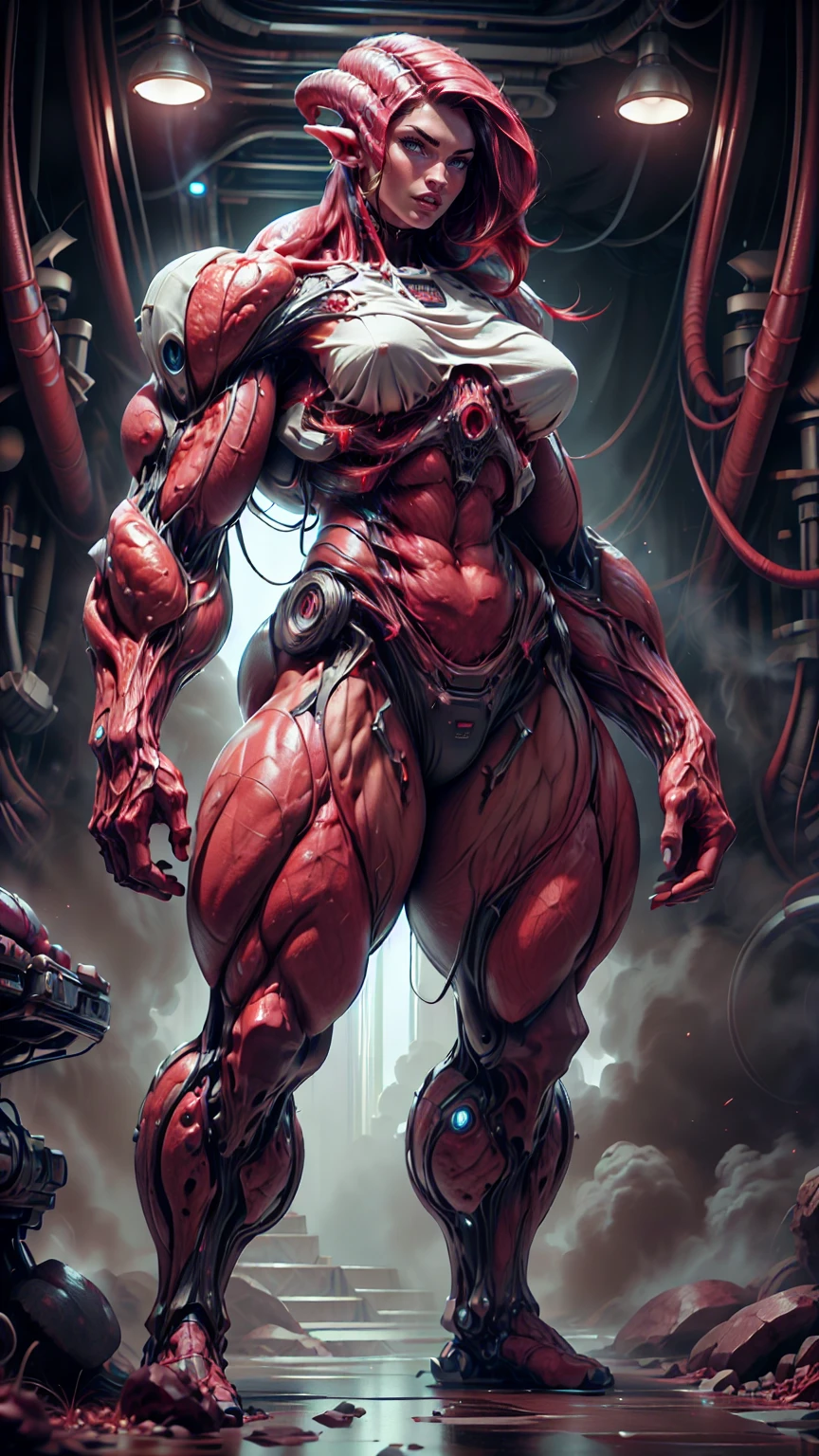 Cinematic, clear facial features and insanely detailed, the image captures the essence of (1 girl), (megan fox:1.25), (long red hair), (carnage skinless bio-mecha:1.25), (1 super muscular undead skinless succubus with gigantic horns:1.25), (covered in red necrotic skinless bio-mecha muscle:1.25), (exposed muscles & veins everywhere:1.25), (perfect fingers:1.25) (full body pose:1.25). The color grading is beautifully done, enhancing the overall cinematic feel. Unreal Engine makes her appearance even more mesmerizing. With depth of field (DOF), every detail is focused and accentuated, drawing attention to her eyes and hair. Peak image resolution utilizing super-resolution technology ensures pixel perfection. Cinematic lighting enhances her aura, while anti-aliasing techniques like FXAA and TXAA keep the edges smooth and clean. Adding realism to the muscular bio-mecha succubus , RTX technology enables ray tracing. Additionally, SSAO (Screen Space Ambient Occlusion) gives depth and realism to the scene, the girl's presence even more convincing. In the post-processing and post-production stages, tone mapping enhances the colors, creating a captivating visual experience. The integration of CGI (Computer-Generated Imagery) and VFX (Visual Effects brings out her demonic features seamlessly . Incredible level of detail, with intricate elements meticulously crafted, the artwork hyper maximalist and hyper-realistic. Volumetric effects add depth and dimension, with unparalleled photorealism. 8k resolution rendering ensures super detailed visuals. The volumetric lighting adds a touch of magic, highlighting her beauty and aura in an otherworldly way. High Dynamic Range (HDR) tech makes the colors pop, adding richness to the overall composition. Ultimately, this artwork presents an unreal, yet stunningly real portrayal of an incredibly beautiful bio-mecha succubus girl. The sharp focus ensures that every feature is crisply defined, creating a captivating presence. (girl face:1.45)