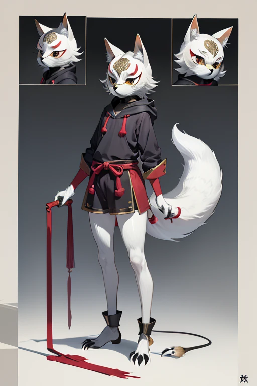(((Animals,white monster, An illustration, ))), (fox mask, Sad face, fox head, wolf carcass, owl back wing, tail snake, four legs), Standing picture