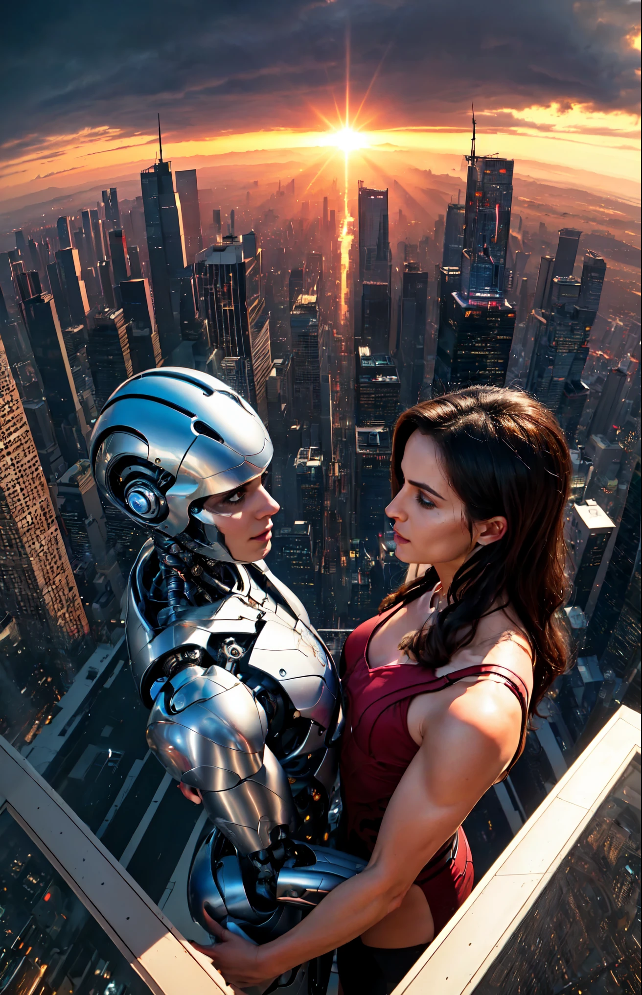 On the rooftop of a skyscraper, a male cyborg and a female cyborg engage in a sexual relationship. They are both depicted in stunning detail, with intricate details highlighting their magnificent anatomies. The scene is captured in the highest quality, showcasing the absurd resolution of 8K. The artwork is a masterpiece, featuring beautiful and slim bodies that are expertly crafted. The intense focus on intricate details enhances the hyper-detailing of the cyborgs' features, making them appear even more realistic. The lighting is soft and natural, casting a gentle glow that accentuates their natural skin textures. The overall composition of the artwork is carefully cropped to showcase the enticing 1/2 body of the cyborgs. The HDR technology further enhances the visual impact of the image, resulting in a truly breathtaking piece.