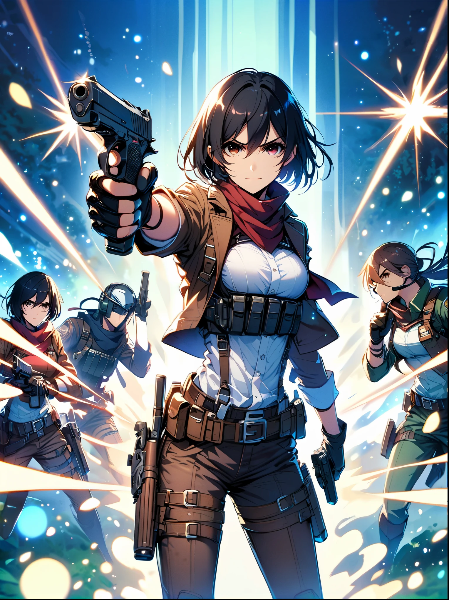 Attack on Titan Mikasa Ackerman,single hand pistol,aim at you,emit laser