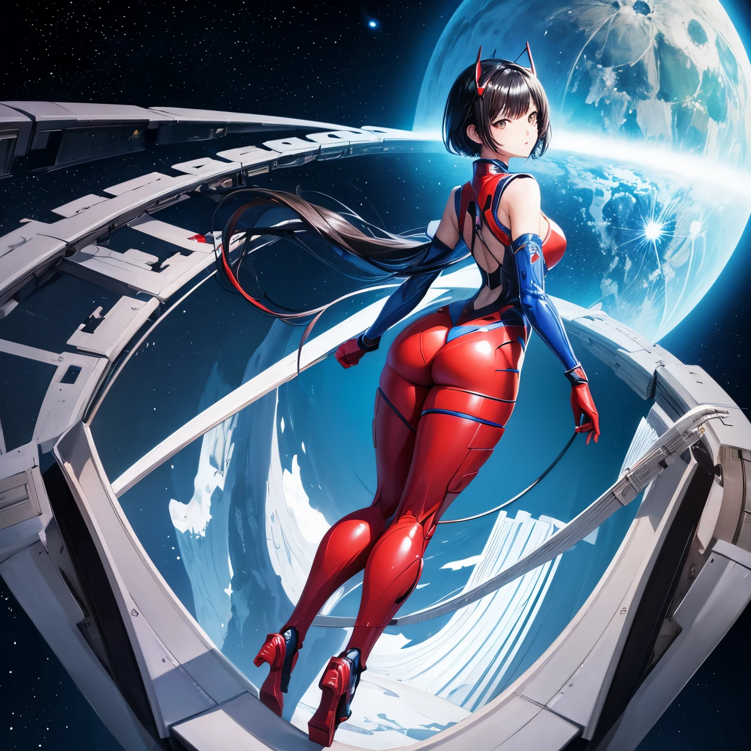 (Masterpiece) A japanese beautiful girl, short curvy black hair, long leg, supermodel, scifi, wear metal blue-white-red robot suit, fly at stratosphere looking down to our blue earth. Full body angle, view from the back, the blue moon is far away in the background. High detail