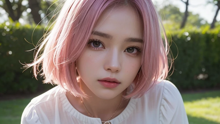(bob cut hair, pink hair:1.2),(wearing a blouse:1.2),1 girl,Japanese,21 years old,(small breasts:1.3),(highest quality,masterpiece:1.3,超A high resolution,),(Super detailed,caustics),(Photoreal:1.4,RAW shooting,)ultra-realistic capture,very detailed,High resolution 16K human skin close-up。 natural skin texture、,The pores are、、、、、Must be detailed enough to be easily identified。 Skin should look even-toned and healthy。 Use natural light and color, sad expression, look at the camera, perfect dynamic composition, outdoor, A scene from a movie