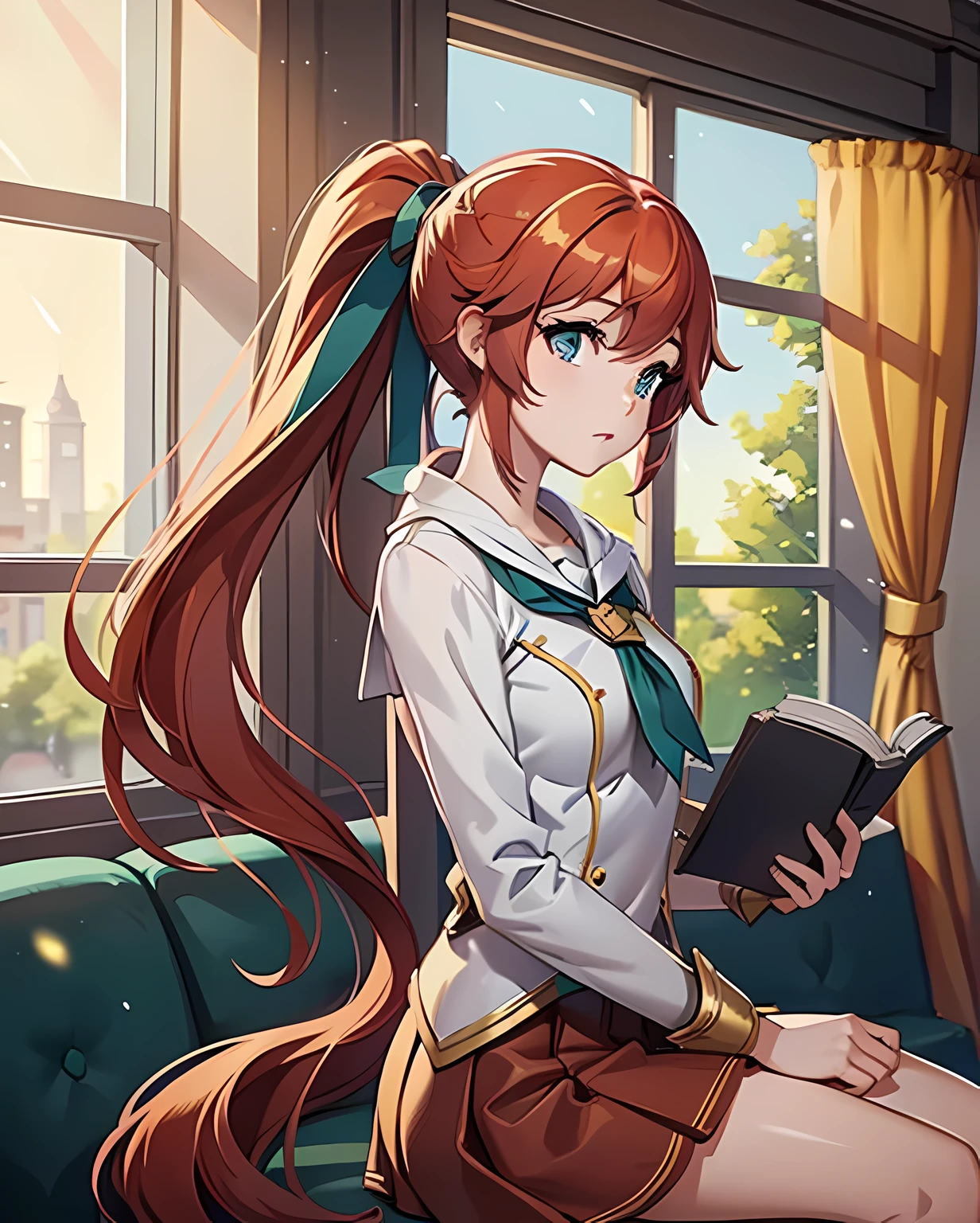  A girl reading a book in a cozy library, (look at the book :1.2), 1girl, lux from leagueoflegends, red hair, ponytail hair, delicate and smart eyes, clear green eye, sitting at the sofa by the window,
masterpiece,  in the school library, 16k, best quality, cinematic lighting,
