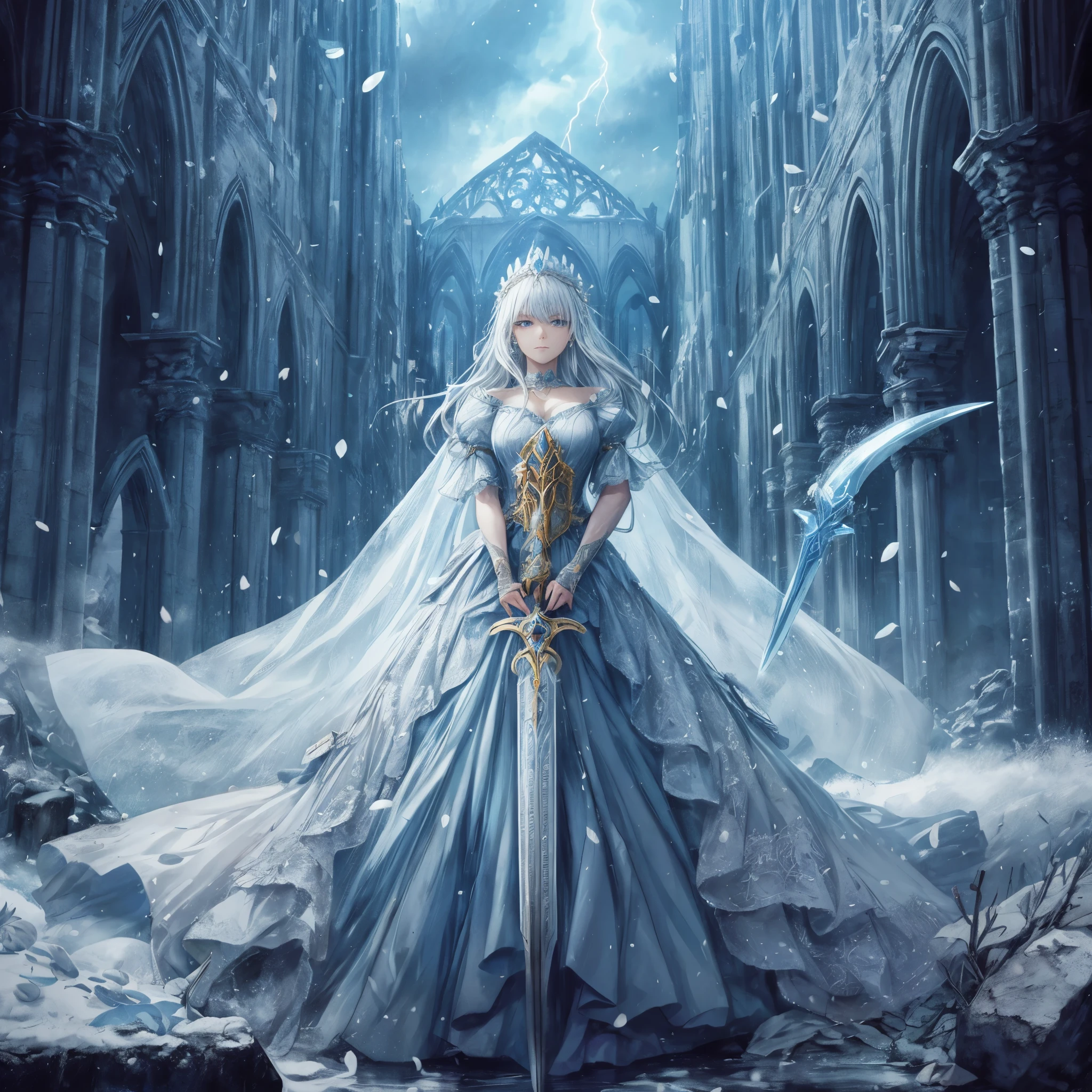 In a kingdom where fantasy and reality converge, a solemn warrior princess stands amidst the ruins of a once-magnificent cathedral. Her gown, as white as fallen snow, billows around her, adorned with the blossoms of an eternal spring. She wields a colossal sword, etched with ancient runes and humming with a power as old as the stars themselves. Lightning forks the sky behind her, casting an otherworldly glow that reflects off the sword's intricate metalwork, while petals dance in the storm's erratic breath. Her eyes, resolute and fierce, gaze towards an unseen horizon—a silent vow to restore her realm to its former glory.