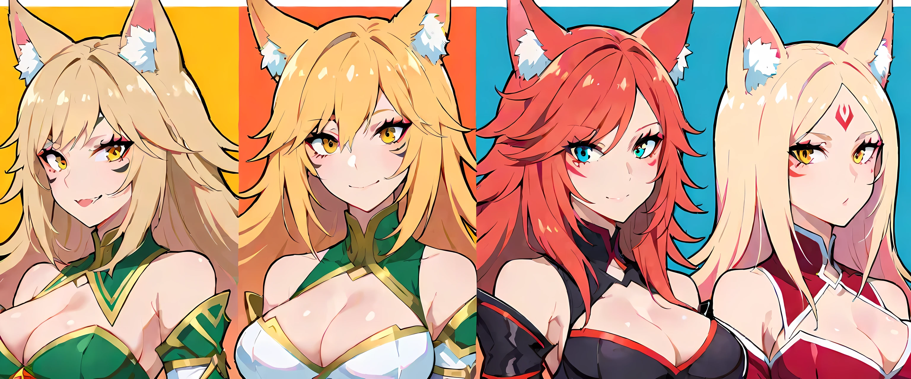 k/and_Ahri, 1 girl, Ahri (League of Legends), Chest, Animal ears, blonde hair, alone, fox ears, k/and (League of Legends), long hair, Split, Tail, beard mark, looking at the audience, facial markings, collar, large Chest, bare shoulders, fox Tail, jewelry, yellow eyes, Upper body, multiple Tails, Bangs, shining, clavicle, Cover belly button, earrings