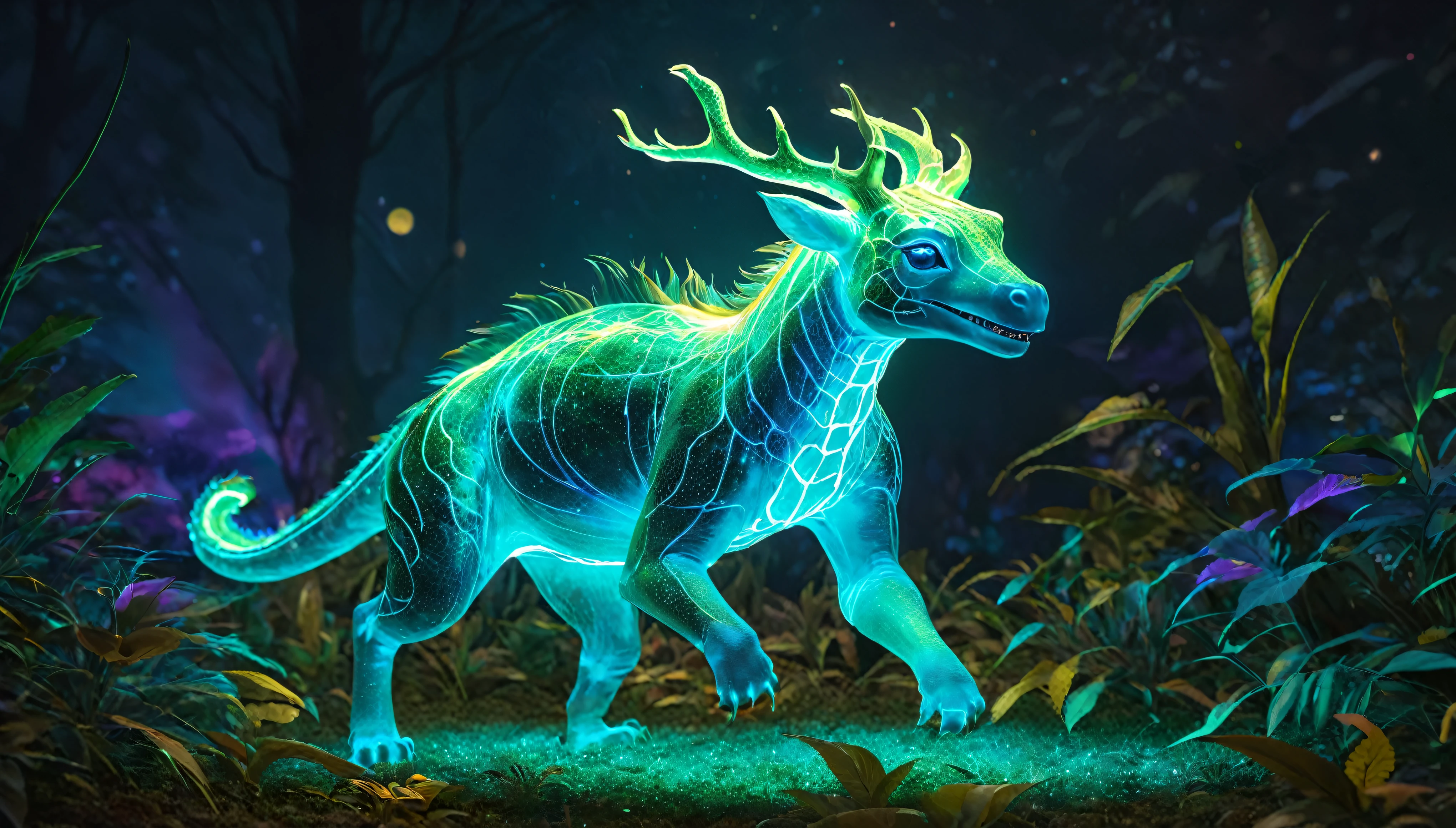 ((a giant glowing creature)),(Bio-luminescence),irridescent,Out of this world,aethereal,uv,semi transparent,wild animals,naturey,mistic,big breasts beautiful,ambiente dark,magical,creature design,A high resolution,8k,ultra - detailed,lamplight、Physical rendering、vibrant with colorackground bokeh、portrait、Multi-color tones、softlighting、Pulsating light