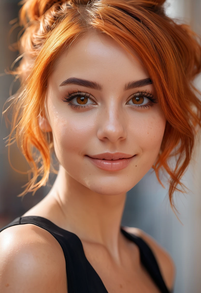 Beautiful and sexy European woman with light brown eyes, 25 years old, strong and vibrant short orange hair the girl is wearing a beautiful black  dress, high heels, full subject shown in the photo, abstract light background, girl is in focus, blurred background, depth of field, sarcastic smile, girl is looking to the side, girl is not looking at the camera, complete subject appears in the photo, bare legs, no nudity, hair in a messy bun, light brown eyes, vibrant orange hair slim waist, very detailed, innocent face, face length 1.3 times the width of the face, almond-shaped eyes, square face shape, high cheekbones, naturally wavy hair, honey eyes, high resolution, artwork, best quality , intricate details, very detailed, sharp focus, detailed skin, realistic skin texture, texture, detailed eyes, professional, 4k, charming smile, shot with Canon, depth of field, Kodak Vision Colors, Perfectly fitted body, extremely detailed, photo_\ ( ultra \), photorealistic, realistic, post-processing, Maximum detail, roughness, Real life, ultrarealistic, photorealism, photography, 8K Ultra HD, photography