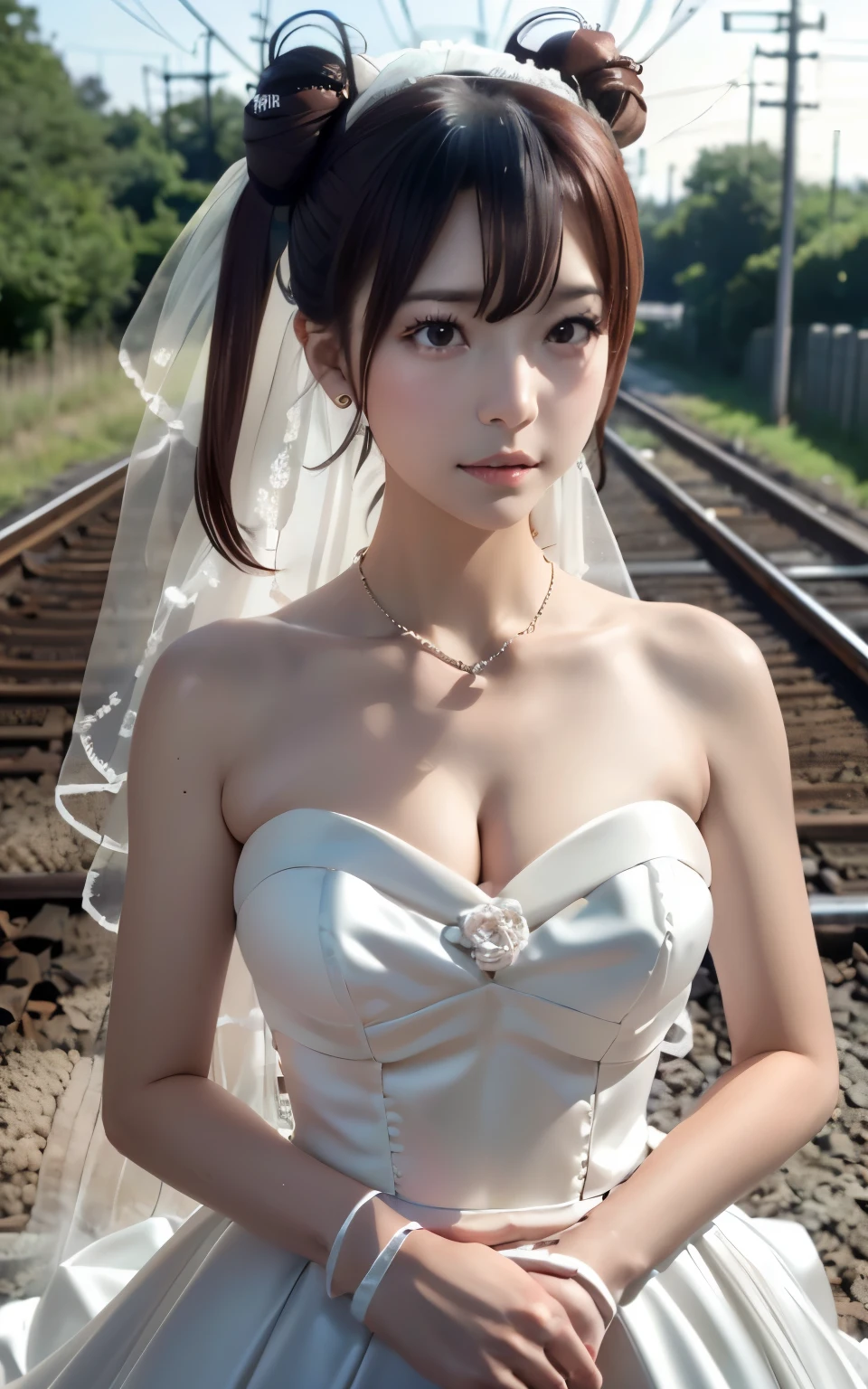 (((Pixel perfect, Perfect details))), alone, 1 girl，bride, yuigahama yui， pout， 美丽bride穿美麗婚紗的特写,Gurwitz, (((bride頭紗)))，（transparent short veil），blush，eye shadow，Blushing face，Head flower，headgear，((bouquet))，((((tube top wedding dress))))，(((strapless wedding dress))),(bare shoulders)，pure white dress，(necklace)，((earrings))，(large breasts:1.3)，Bangs，lipstick，((White long elbow gloves)),Half-length photo,High-detail RAW color art,White long skirt,There is a railway track next to it，(standing on the railroad tracks:1.3),18 years old, （long twintails：1.5）,(double bun:1.5), black hair,