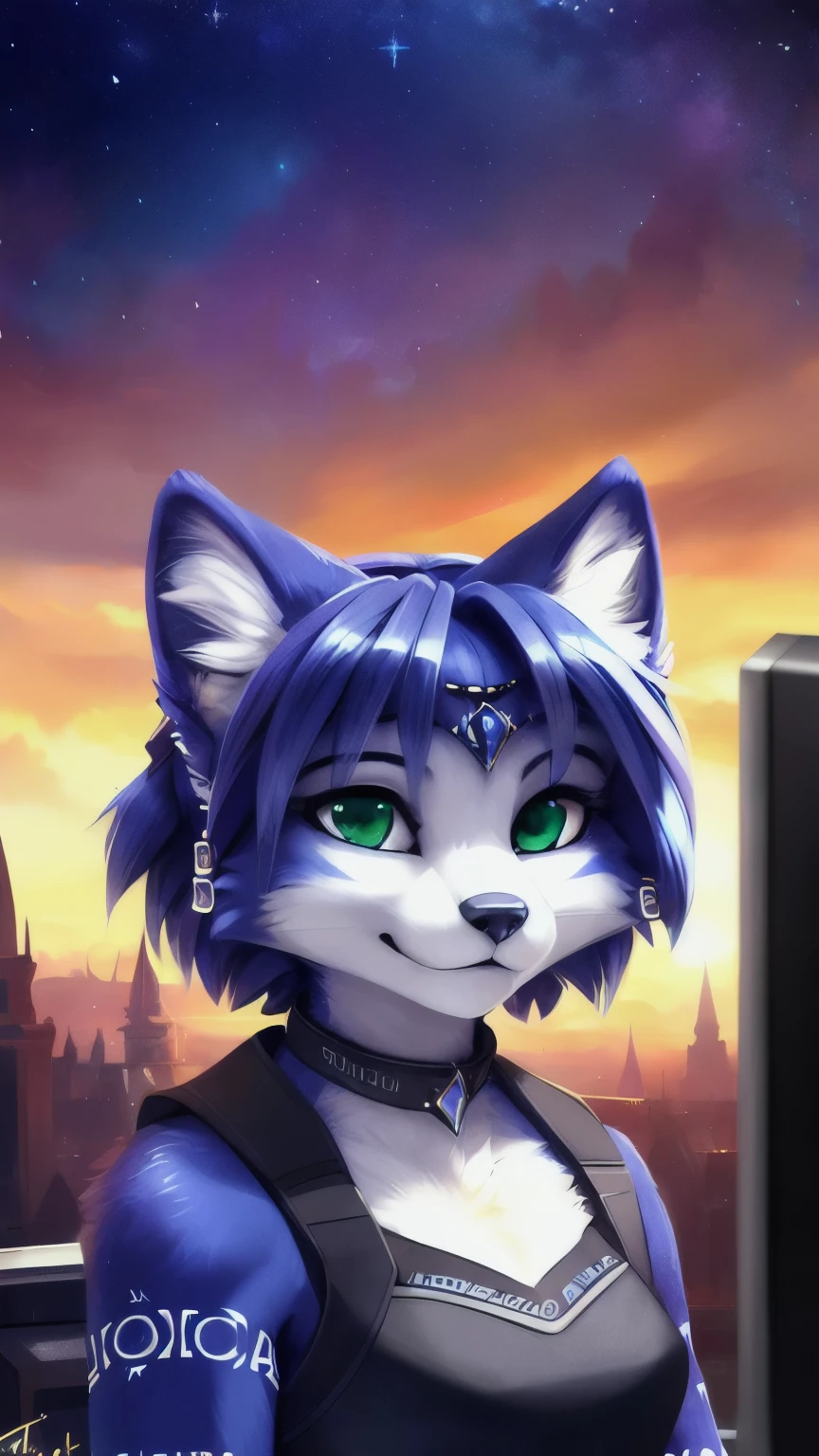 A beautiful and detailed (sweet portrait) von ((Krystal)), Sternenfuchs Krystal, Schlank, liebenswert, green eyes, medium breasts, (((Lange blaue Haare 1.3))), ((schwarze haarspitzen)), Dekollete, Grinsen, hoch schauen,, anthro, Pelzig, Hochgeladen E621, detailed flauschige fur, (von Fluff-Kevlar, Bayard Wu, Personalami, Pino Daeni), detailliertes Gesicht, (flauschige), 1 girl, Allein,