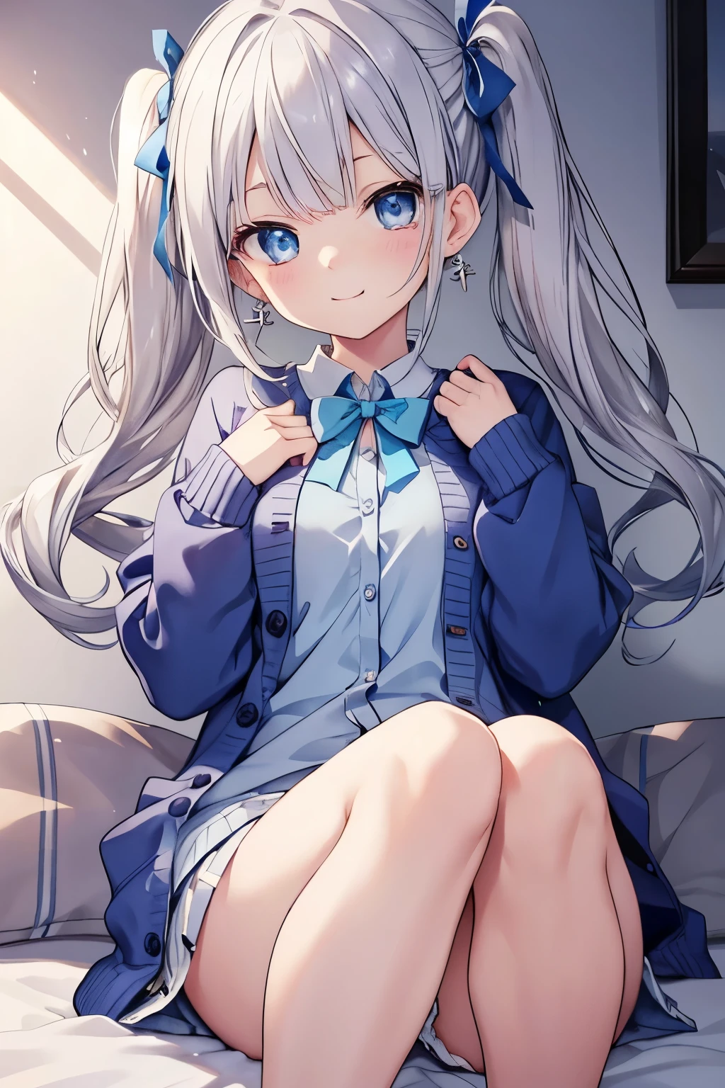 Silver-haired blue eyes、 girl、small breasts、twin tails、smile、gal girl、wearing cute earrings、uniform、knit cardigan、With highlights around the eyes、cute hairpin、I can see the whole body、A childhood friend who came to wake me up in the morning