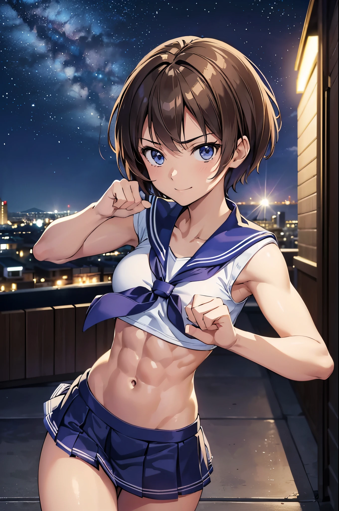 masterpiece, best quality, ultra detailed, ultra high resolution, very detailed face, solo, anime, 20 years old girl, slim, (((sailor fighter uniform))), (((fighting pose))), (exposing the six pack abs:1.15), (((lean forward))), lightbrown short hair, medium breast, little smile, at the rooftop, outdoor, night sky