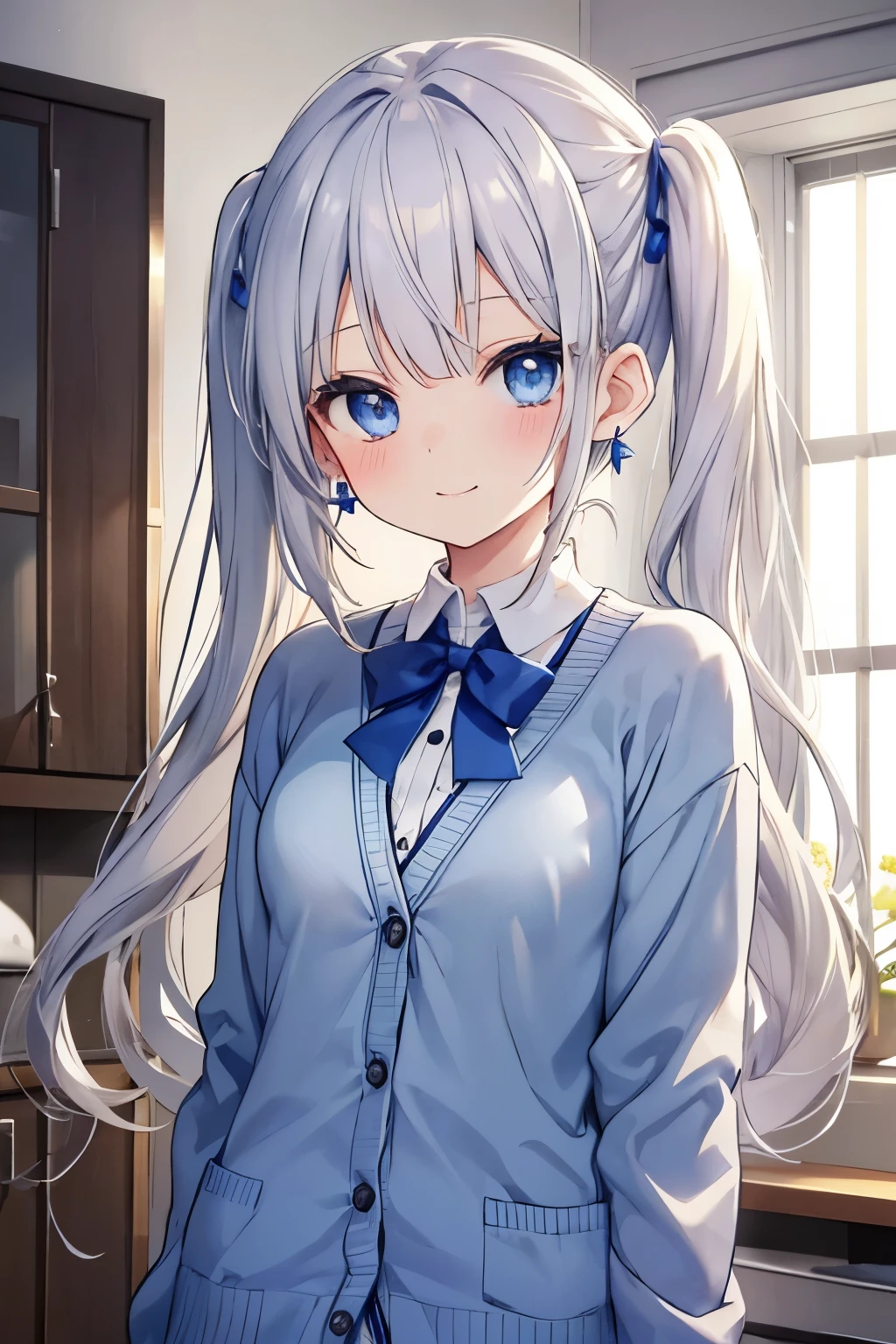 Silver-haired blue eyes、 girl、small breasts、twin tails、smile、gal girl、wearing cute earrings、uniform、knit cardigan、With highlights around the eyes、cute hairpin、I can see the whole body、A childhood friend who came to wake me up in the morning