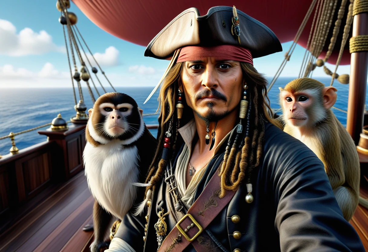 Captain Jack Sparrow takes a trio of selfies, monkey perched on shoulder, amidst the Black Pearl's deck, shot as if through the ultra-wide-angle camera of an iPhone 11 Pro Max, digital painting, ultra HD, vivid colors, highly detailed, UHD drawing, pen and ink, perfect composition, octane render, trending on ArtStation, 8K, photorealistic concept art, soft natural volumetric light, High Quality, Masterpiece. best quality, masterpiece, super detail