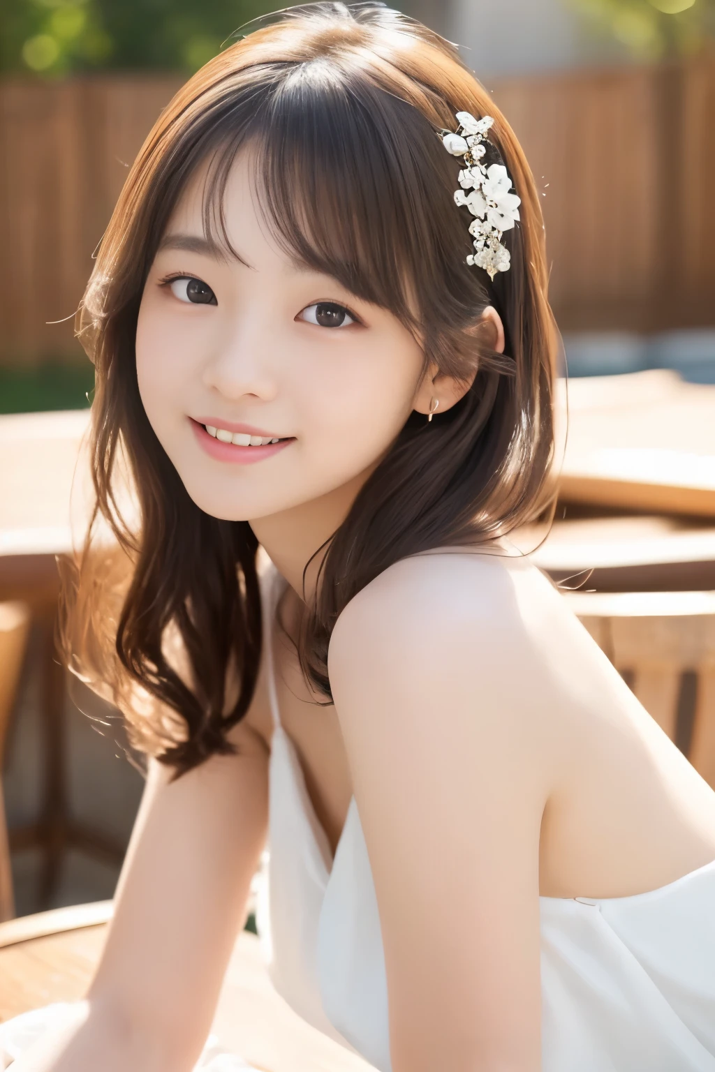 (((masterpiece))), (one beautiful japanese girl, innocence，cute) ，超A high resolution, realistic, super detailed, 8K,highest quality, very detailed, detailed background,Slender,(baby face，cute系,adorable 10 year old girl),(perfect body:1.1)，((Neat and clean hairstyle)，super detailed顔、lip details、detailed eye、realistic:1.37，No makeup，smile，show me your beautiful teeth，short gravure idol，transparent skin、fashion portrait, deep depth of field, 45 degree view, royal sister, kind, ((highest quality, 8K, table top: 1.3)), concentrated: 1.2, stand sideways, very detailed顔と肌の質感, fine eyes, double eyelid, long eyelashes, (skin as white as snow), Whitening skin,  Sheer, soft chiffon dress, long skirt, mercury dress, elegant dress, wearing an elegant slutty dress, soft elegance, stylish clothes, rosy cheeks, peaceful atmosphere, mysterious beauty,