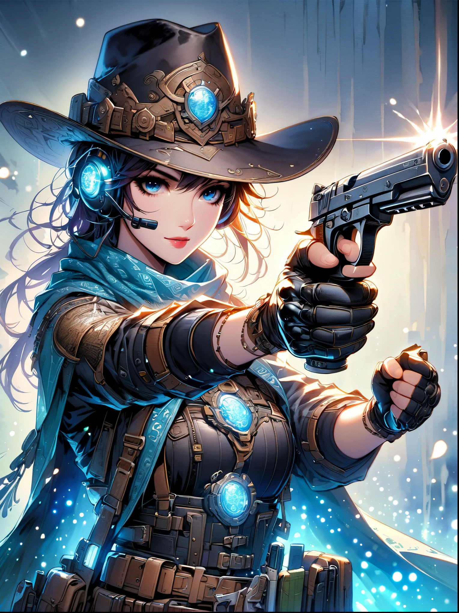 Authentic depiction of a woman in sparkling clothing,single hand pistol,emit laser,Encapsulated in a kawaii aesthetic with liquid light elements,Reflecting the deep connection with the essence of Chinese culture and fairy tales。the work highlights intricate details that might otherwise go unnoticed,Blending traditional Chinese themes with whimsical modern touches。The color scheme is reminiscent of a sun-kissed palette,Full of warmth and vitality。The scene is captured in a realistic photography style,Use mid-range shots,Demonstrate the fusion of traditional and modern creativity。