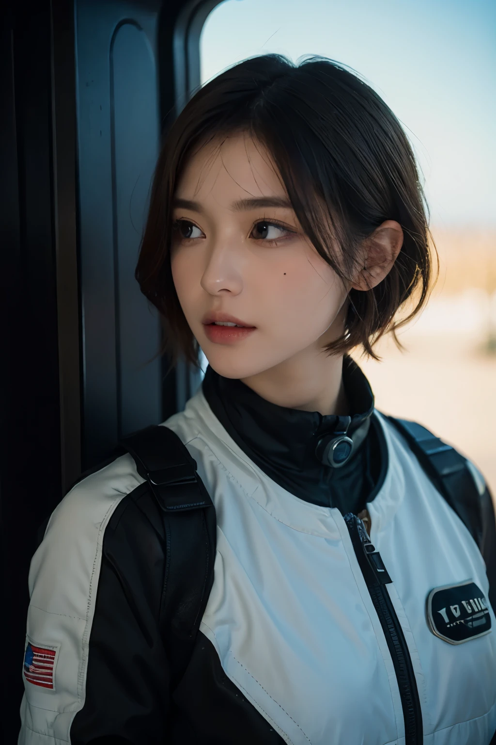 highest quality、masterpiece、ultra high resolution、(real:1.4)、Beautiful woman1、Beautiful details of eyes and skin、light brown short cut hair、perfect spacesuit、spaceship、
