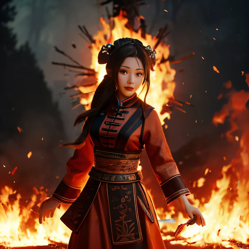 (best quality,4k,8k,highres,masterpiece:1.2),ultra-detailed,(realistic,photorealistic,photo-realistic:1.37),a powerful female monkey yokai with a small stature,strong-willed,adventurous, wearing ancient Chinese clothing,carrying a tiger fur around her waist,travelling from China to India encountering a volcanic eruption and getting caught in a wildfire, the flames engulfing her,body surrounded by intense flames with no escape,
