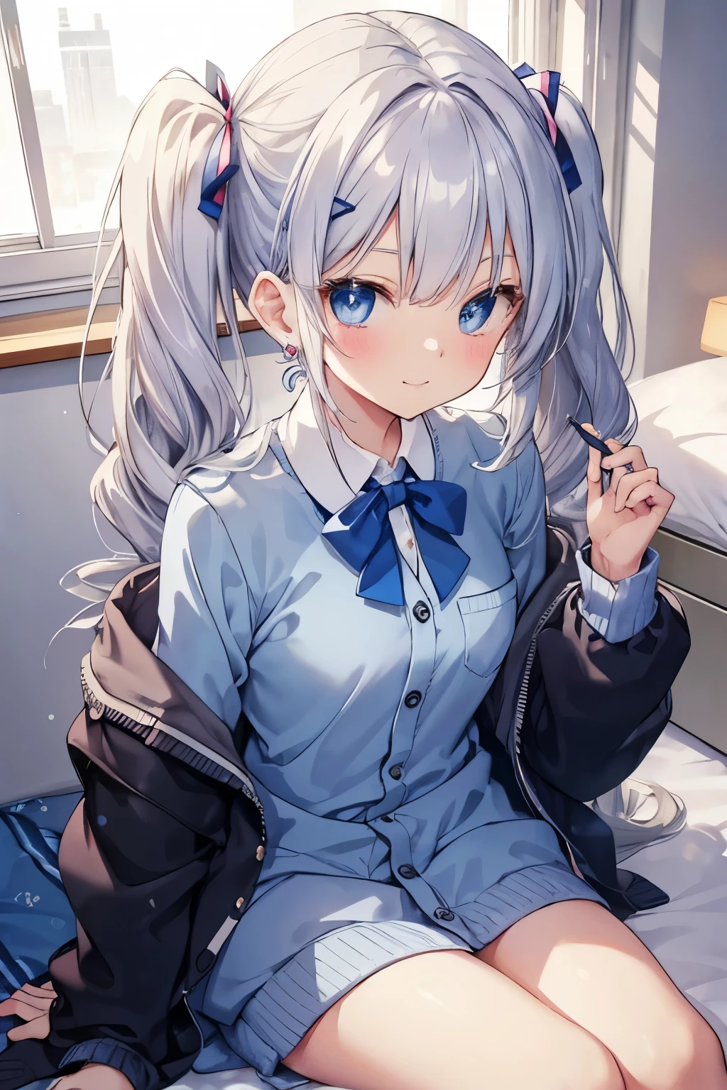 Silver-haired blue eyes、 girl、small breasts、twin tails、smile、gal girl、wearing cute earrings、uniform、knit cardigan、With highlights around the eyes、cute hairpin、I can see the whole body、A childhood friend who came to wake me up in the morning