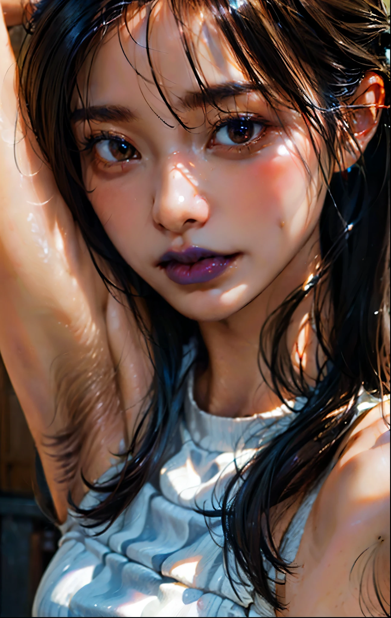 PM, Light brown eyes, (Japanese girl),1girl in, 27yr old, Innocence, (Photorealsitic),(top-quality:1.4), (超A high resolution:1.2), 超A high resolution, (A detailed eye), (detailed facial features), nfsw, 8k resolution, (lensflare:0.7),Colossal tits,(bushy eyebrows),straight eyebrows,low eyebrows,(thick lips:1.3),(glossy lips:1.3),(lipstick,blue lips:1.2),(blush),black hair,(brown eyes), wide forhead,(armpit hair:1.3),