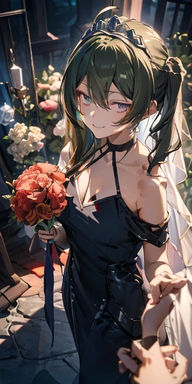 (from above:1.3),(from side:0.8), ((Face)), (Close-Up:0.4), ((looking at viewer, holding a bouquet to his mouth)), highest quality、(real、photorealistic:1.4)、(RAW photo:1.2)、very detailed CG unity 8k wallpaper, delicate and beautiful, wonderful, Fine detail, official art, disorganized, very disorganized, huge file size, Ultra-detailed, very detailed, very detailed girl, very detailed eyes and face, Bright on the face、(20 age girl:1.0)、small smile, smiling, miorine rembran, ahoge, (twintail hair:1.25), hair between eyes, hair twintails, (long hair:1.5), tiara,ruany,off-shoulder dress,pearl ,(gemstone),tiara,veil,wedding dress, wedding necklace, wedding long gloves, (luxurious bouquet), chapel, Stained glass,(best quality, highres, masterpiece:1.2), ultra-detailed, (realistic:1.37) illustration, erotic style, soft lighting, sweat glistening on her body, gentle warmth, dark and mysterious, small breast,narrow waist,(with sparkling eyes and a contagious smile),her thin pubic hair, looking at viewer,