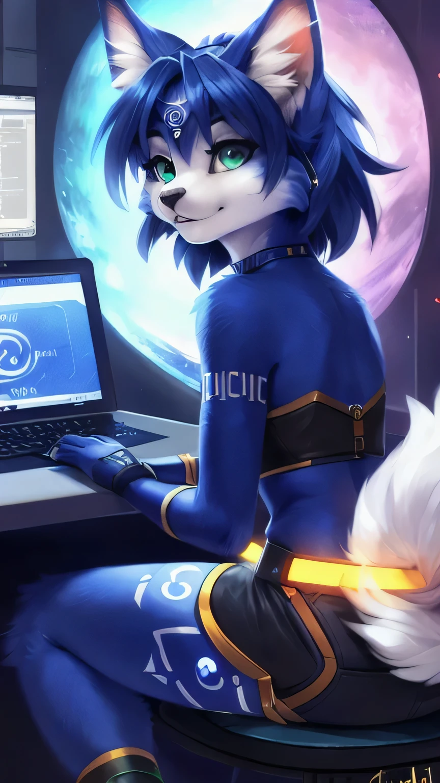 A beautiful and detailed (sweet portrait) von ((Krystal)), Sternenfuchs Krystal, Schlank, liebenswert, Green eyes, Small breasts, Raumanzug, Tippen auf einem holographischen Computer, Dekollete, Grinsen, hoch schauen,, Anthro, Pelzig, holografischer Bildschirm, Science-Fiction, Hochgeladen E621, detailed flauschige fur, (von Fluff-Kevlar, Bayard Wu, personalami, Pino Daeni), detailliertes Gesicht, (flauschige), 1girl, Allein, kein Wasserzeichen
