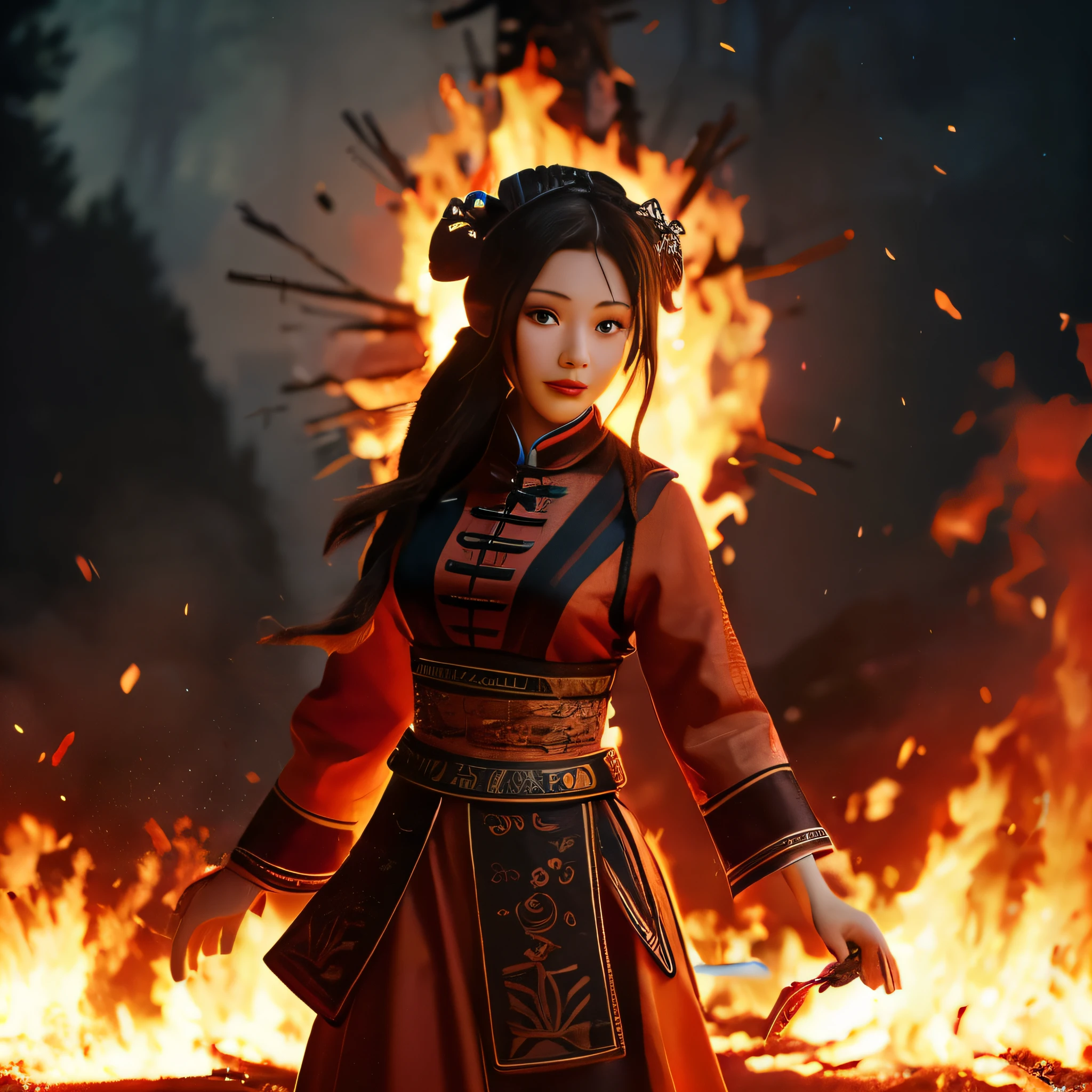 (highest quality,4k,8K,High resolution,masterpiece:1.2),Super detailed,(realistic,photorealistic,photo-realistic:1.37),A small and powerful female monkey monster。,Strong-willed,adventurous, wearing ancient Chinese costumes,He wears a tiger skin around his waist.,I encountered a volcanic eruption while traveling from China to India.、caught in a forest fire, the flames engulfing her,A body engulfed in intense flames with no escape,